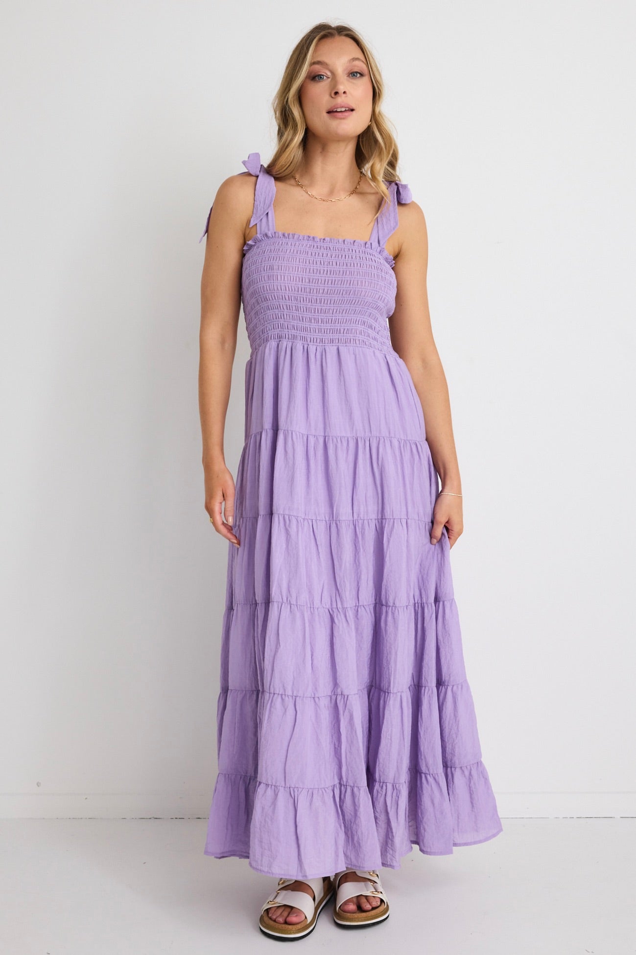 Isabella Lavender Strappy Tiered Maxi Dress - Flowy Summer Beach Dress for Women, Boho Chic Wedding Guest Dress, Vacation & Party Wear
