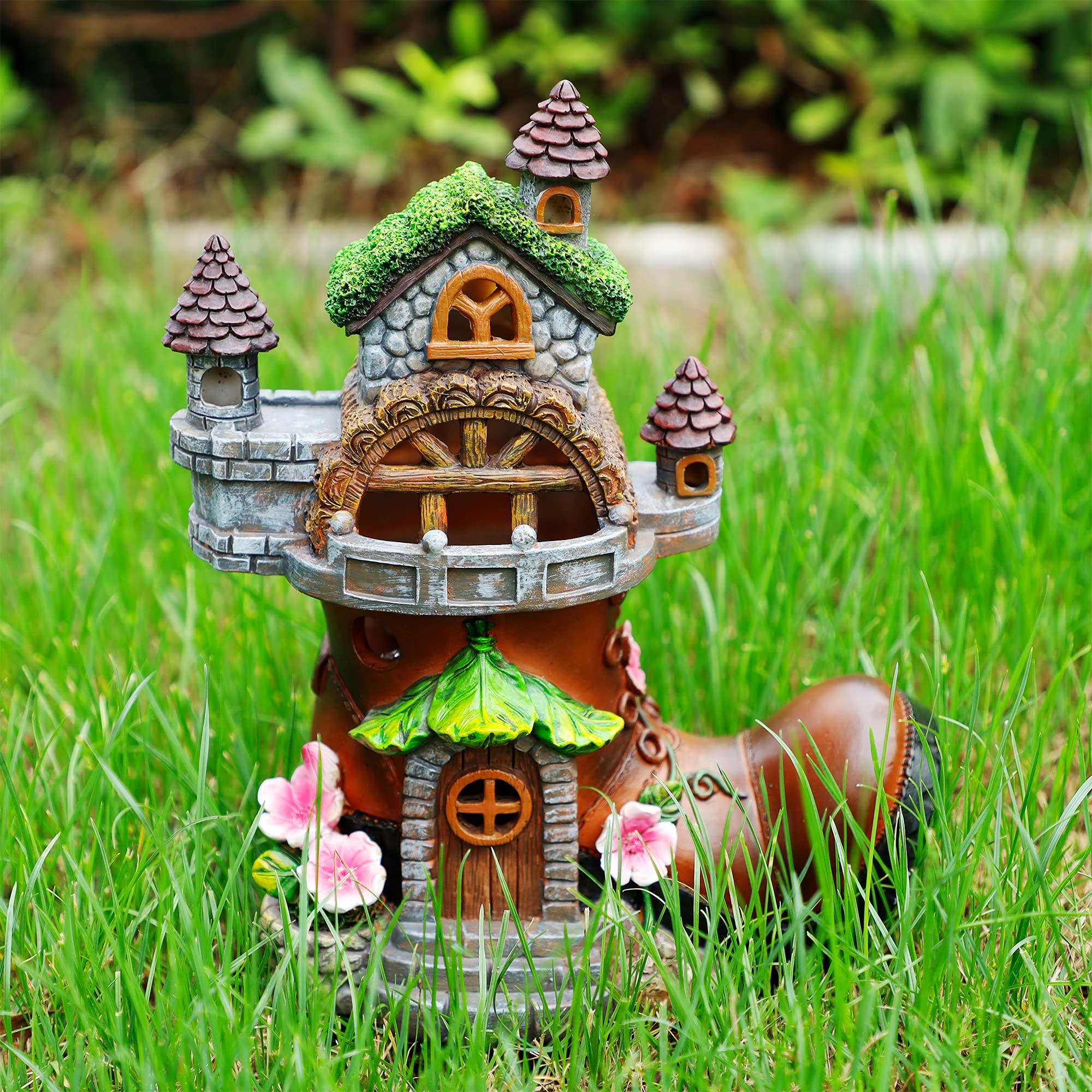 FORUP 10 Inch Solar Powered Fairy House Garden Statue with Boots - Outdoor Fairy Garden Decor Kit with LED Lights for Patio, Lawn, Yard & Backyard - Perfect for Fairy Gardens, Flower Beds & Gift Giving
