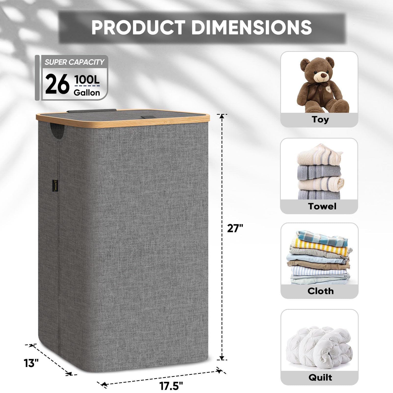 BALEINE Large Laundry Hamper with Lid & Bamboo Handles - 26 Gallon (100L) Tall Laundry Basket with Internal Support - Grey - Perfect for Bedroom, Bathroom & Dorm Organization