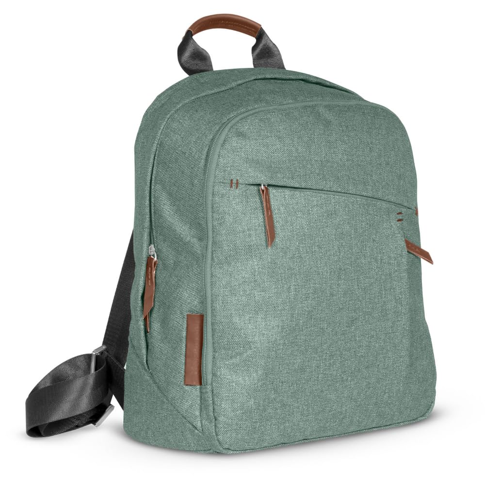 UPPAbaby Diaper Backpack with Multiple Storage Compartments, Stroller Straps & Insulated Bottle Pocket | Includes Changing Pad | Perfect for Travel, Daycare & On-the-Go Parents (Emmett/Gwen - Green Mélange & Saddle Leather)