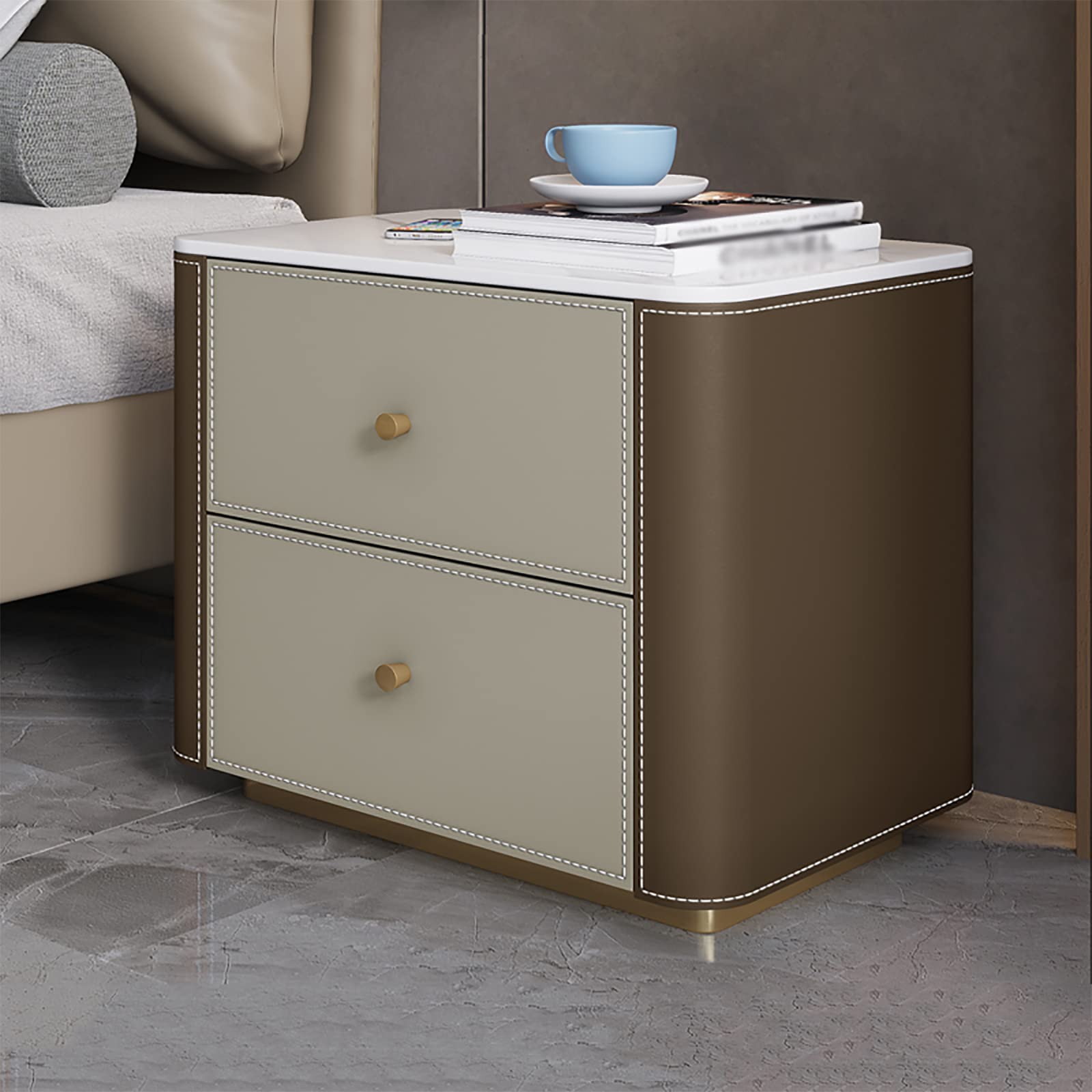 Modern Nightstand with 2 Drawers & Stainless Steel Base - Large Storage Bedside Table for Bedroom, Living Room - Dark Gray & Coffee Finish - Perfect for Small Spaces, Apartment Decor & Guest Room Furniture
