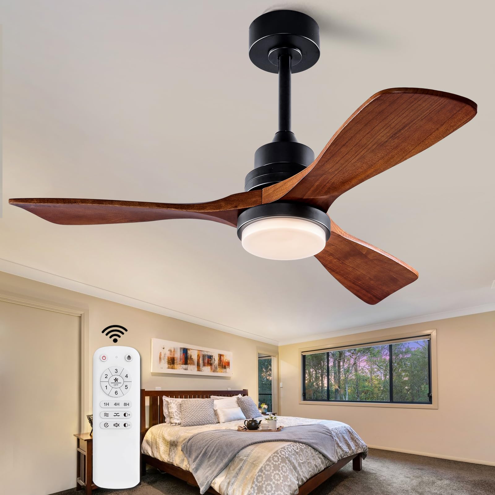 42 Inch Modern Ceiling Fan with Light and Remote Control - Dimmable LED Light, 3 Wood Blades, 6-Speed Quiet DC Motor - Indoor/Outdoor Use for Bedroom, Kitchen, Office, Patio, Living Room - Energy Efficient Cooling Solution for Home and Commercial Spaces