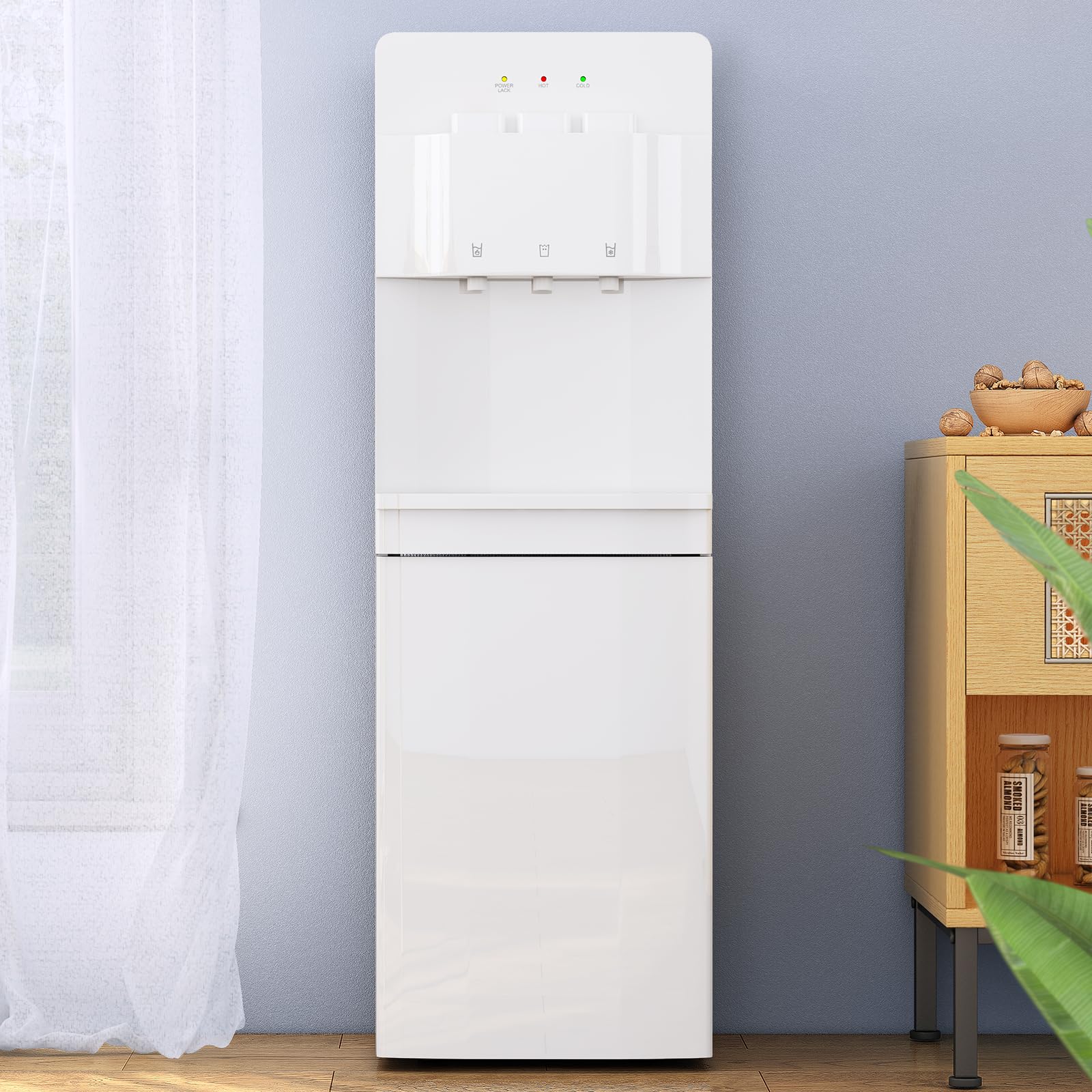 TABU Bottom Loading Water Cooler Dispenser with Hot, Cold & Room Temperature Water - Child Safety Lock, Anti-Scalding Design for 3/5 Gallon Bottles (White) - Perfect for Home, Office & Kitchen Use