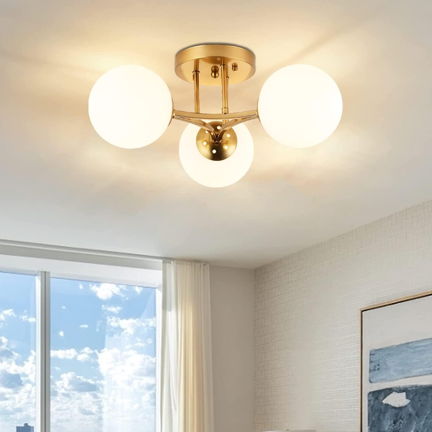 3-Light Mid Century Modern Semi Flush Mount Ceiling Light - Gold Sputnik Chandelier with Milk Glass Shade - Perfect for Living Room, Dining Room & Bedroom Lighting