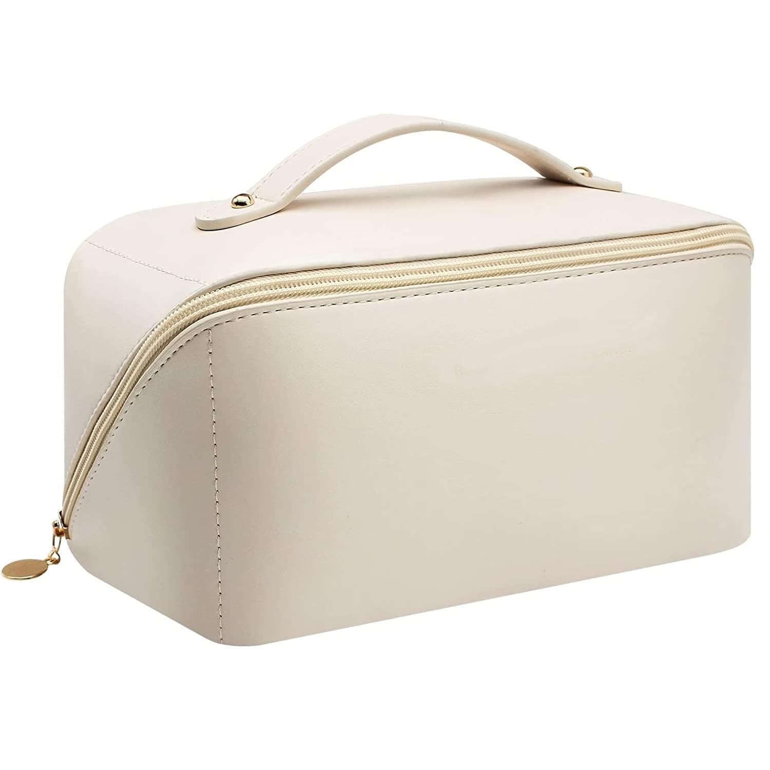 VYATIRANG Leather Makeup Bag for Women & Girls - Travel Cosmetic Organizer with Wide Opening, Handle & Divider - Perfect for Travel, Home Storage & Gift (White)
