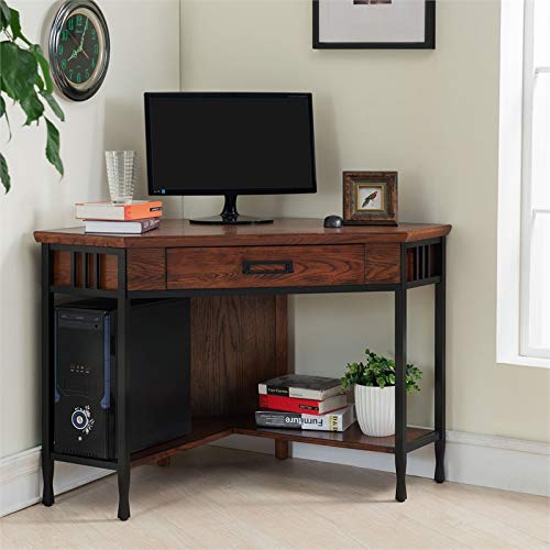 Leick Home 11230 Rustic Mission Oak & Black Ironcraft Corner Desk with Drawer & Shelf - Perfect for Home Office, Study & Small Space Writing Computer Workstation