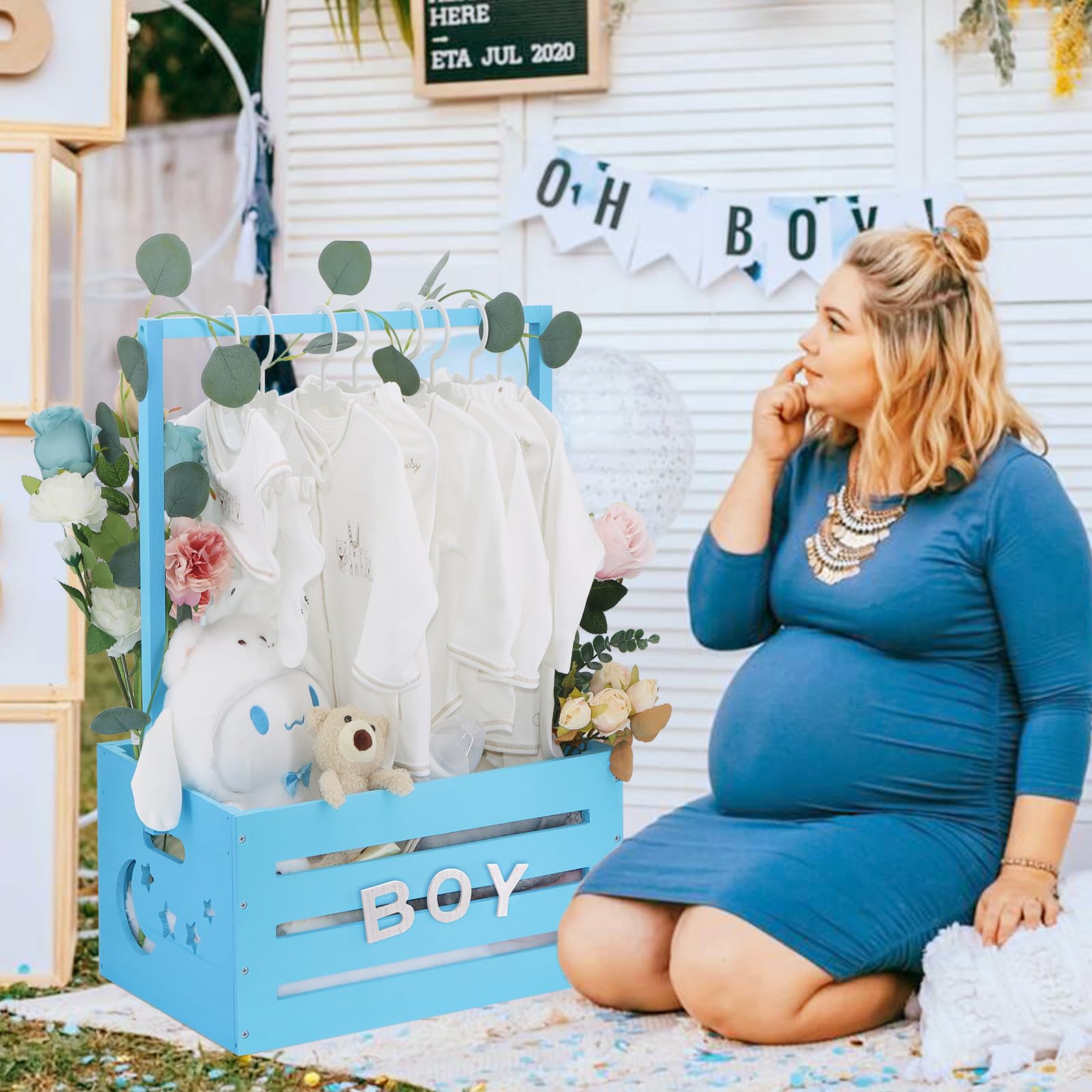 Wooden Baby Shower Gift Crate - Storage Box with Handle, Rack Hangers & Garland - Perfect for Newborn Gifts, Toy Organization & Nursery Decor - Ideal for Baby Showers, Welcome Parties & Parent Celebrations (Blue)