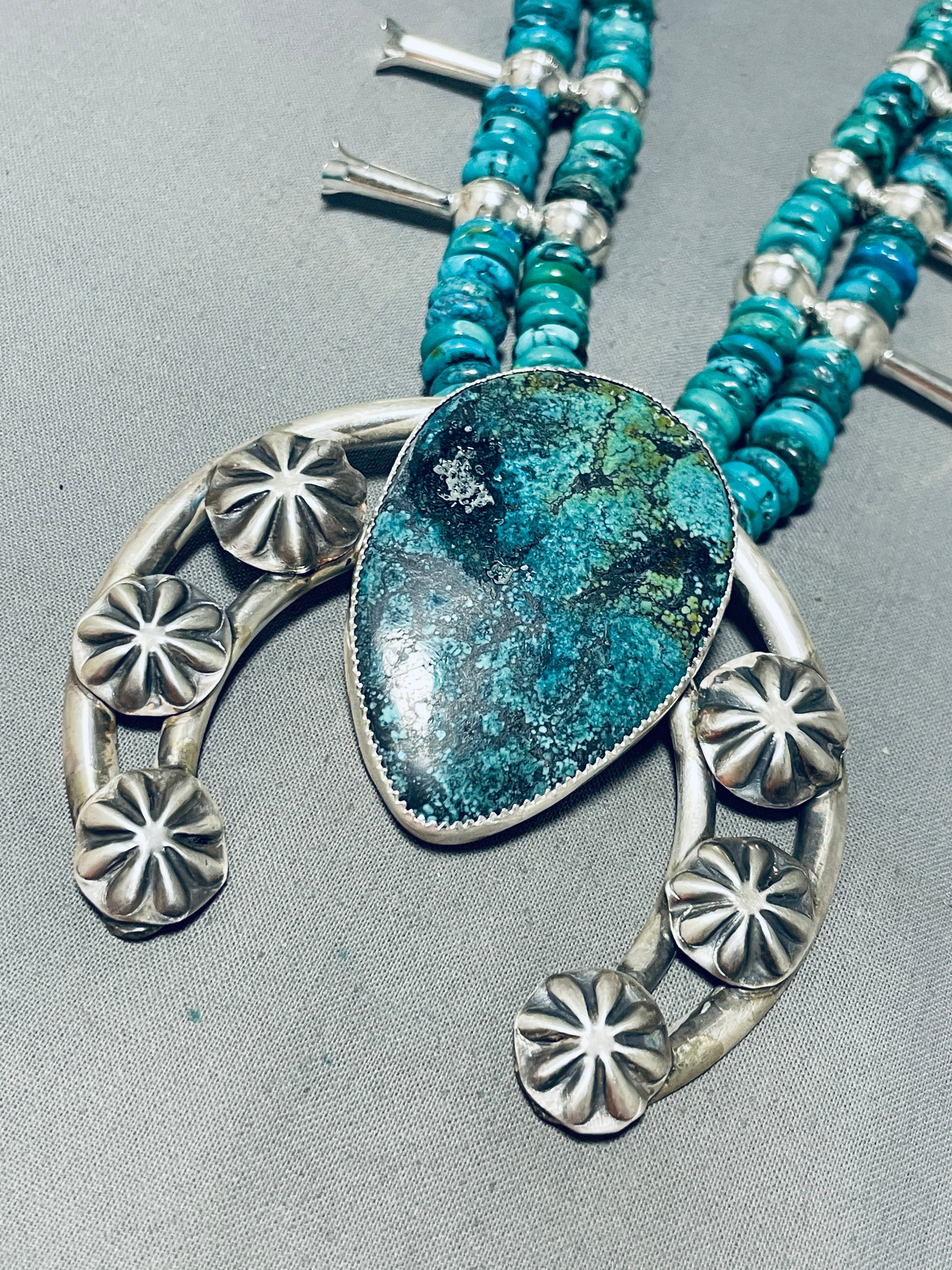 Authentic Navajo Sterling Silver Squash Blossom Necklace with Pilot Mountain Turquoise (190+ Grams) - Handcrafted Native American Jewelry for Women, Perfect for Weddings, Festivals & Special Occasions