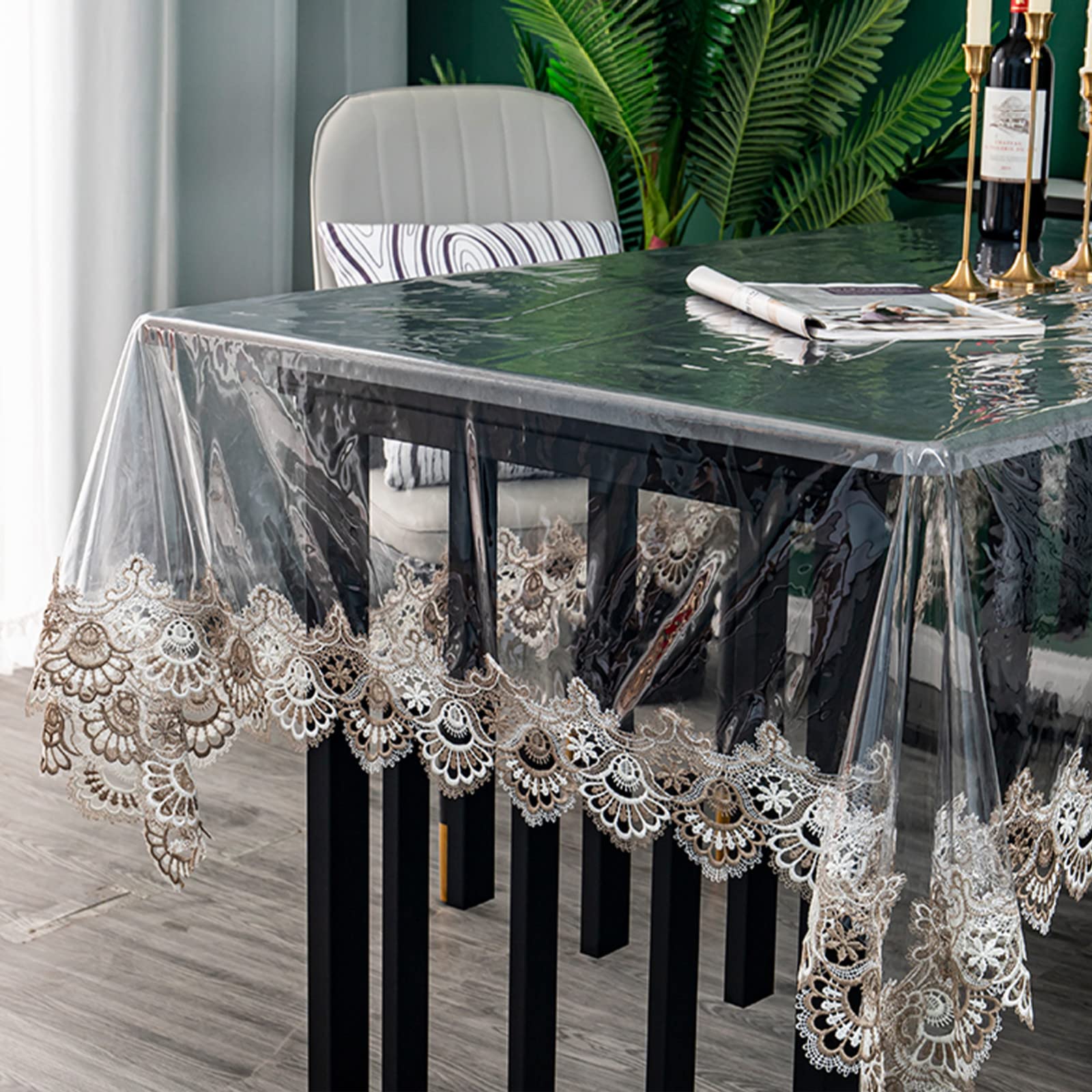 Jeloris Clear Plastic Rectangle Tablecloth - Vinyl PVC Waterproof Table Cover with Embroidered Lace Edge, 60x94 Inch Khaki Fan - Perfect for Kitchen, Dining Room & Coffee Table Protection