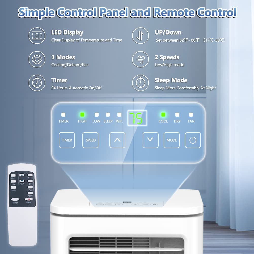 10,000 BTU Portable Air Conditioner with Dehumidifier & Fan - 3-in-1 Cooling Unit for Bedroom, Office, Dorm | 2 Speed Settings & 4 Modes | Energy Efficient White AC for Summer Cooling & Year-Round Comfort