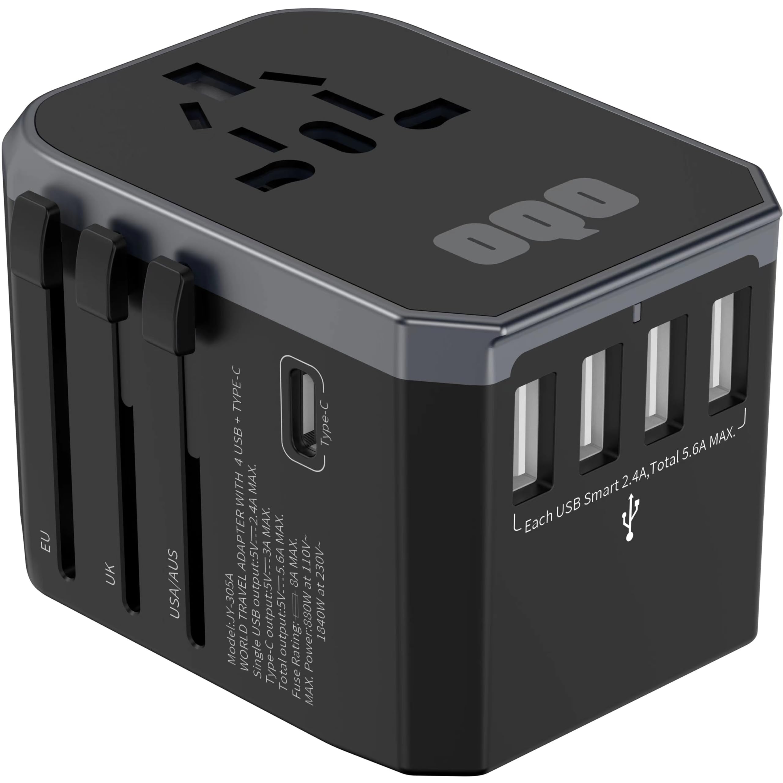 OQO Universal Travel Adapter 6-in-1 with Fast Charger 28W - Worldwide International Power Plug for 150+ Countries (Europe, UK, US, AU, Asia) - 4 USB-A + 1 Type-C & 1 AC Socket - Perfect for Business Trips, Vacations & Global Travel (Black)