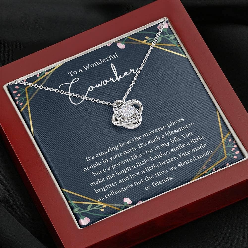 Personalized Love Knot Necklace - Handmade Jewelry Gift for Coworkers Farewell, Women's Going Away Present in White & Gold, Custom Sizes - Perfect for Office Goodbyes & Special Occasions