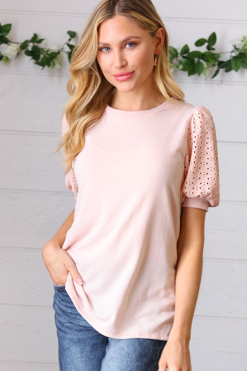 Peach Eyelet Puff Sleeve French Terry Top for Women - Summer Boho Blouse with Lace Trim, Casual Loose Fit T-Shirt | Perfect for Beach Outings, Date Nights & Weekend Brunch