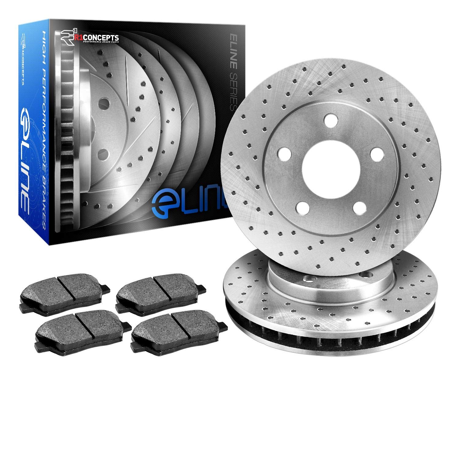 R1 Concepts Premium Rear Brake Pads and Rotors Kit - Ceramic Brake Pads with Drilled & Slotted Rotors - Compatible with 2014-2021 Jeep Cherokee - Perfect for Off-Roading, Daily Commuting & Towing