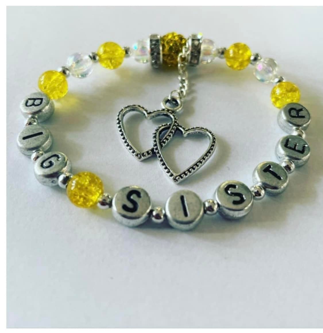 Yellow Shamballa Beaded Bracelet - Initial Wording Stretch Gift for Sister - Perfect for Birthdays & Sibling Gifts