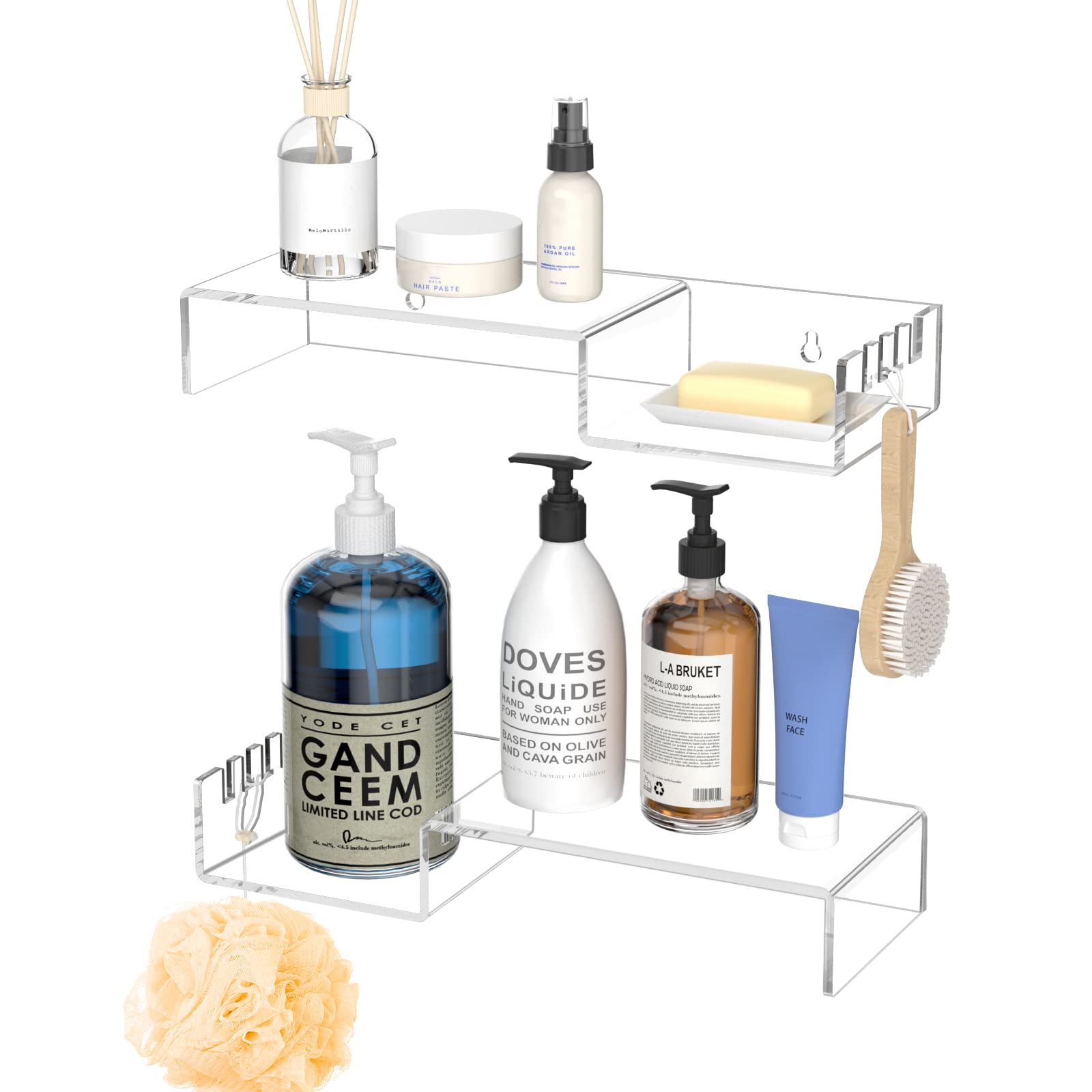 2-Pack Clear Acrylic Shower Caddy Organizer - No Drill Adhesive Wall Mount Bathroom Storage Shelf with Hooks - Rustproof 500ml Capacity Shampoo Holder for Shower, Bathroom & Kitchen Organization
