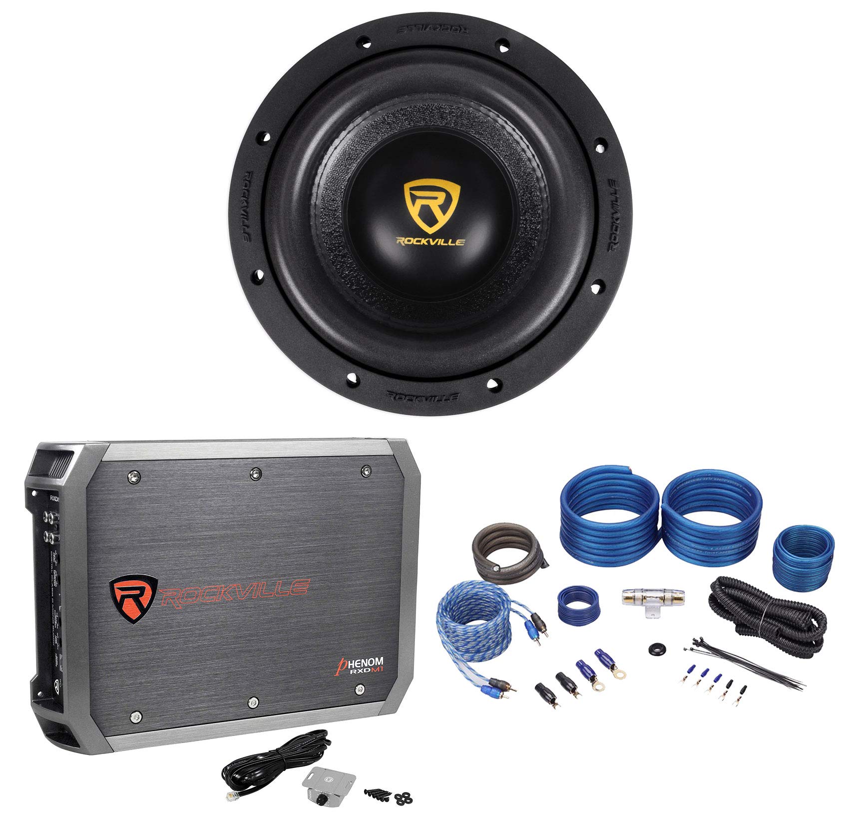 Rockville W8K9D2 8-Inch 2000W High-Power Car Audio Subwoofer with Mono Amplifier & Complete Wiring Kit - Perfect for Car Audio Upgrades & Bass Enhancement
