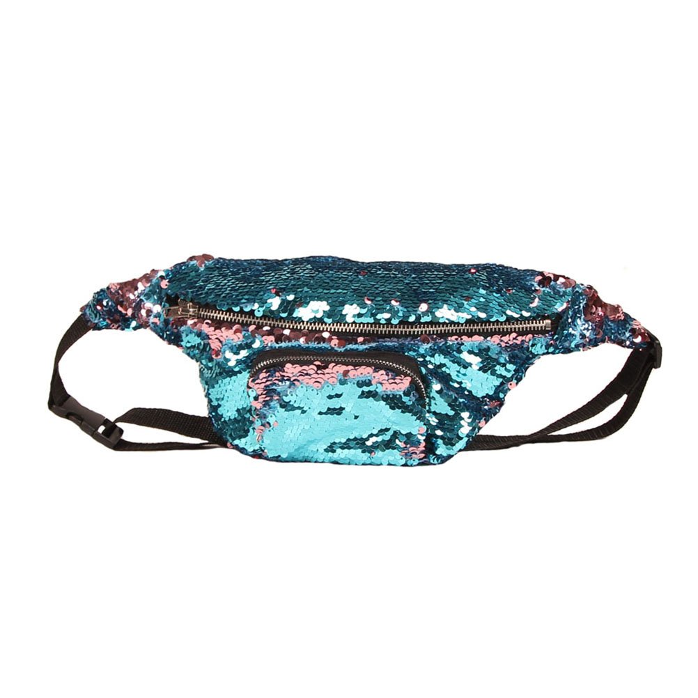 TINKSKY Sequins Waist Bag for Women - Multifunctional Cosmetic Makeup Fanny Pack, Casual Sport Waist Pouch (Lake Blue/Pink) - Perfect for Gym, Travel, and Everyday Use