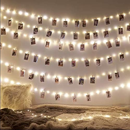 33ft Wooden Photo Clip String Lights with Remote & Timer - 100 LED Fairy Lights & 50 Painted Clothespins for Hanging Pictures - Battery Powered Twinkle Copper Wire Decor for Bedroom, Wedding, Party, Christmas, and Festival Decorations