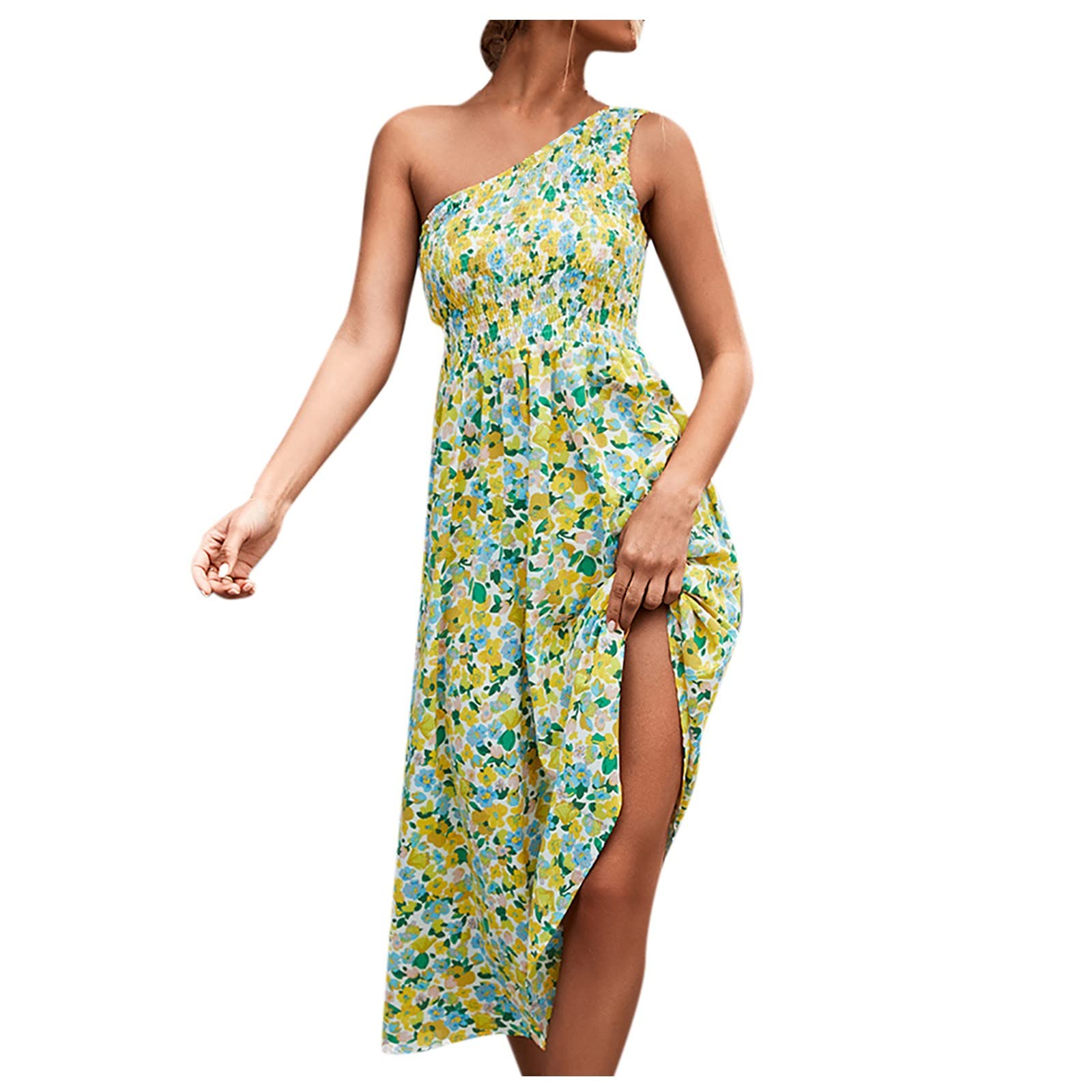 Women's Floral Print Wrap Sun Dress - Summer Beach Dress with Slanted Shoulder Sleeves for Vacation, Pool Party & Outdoor Activities