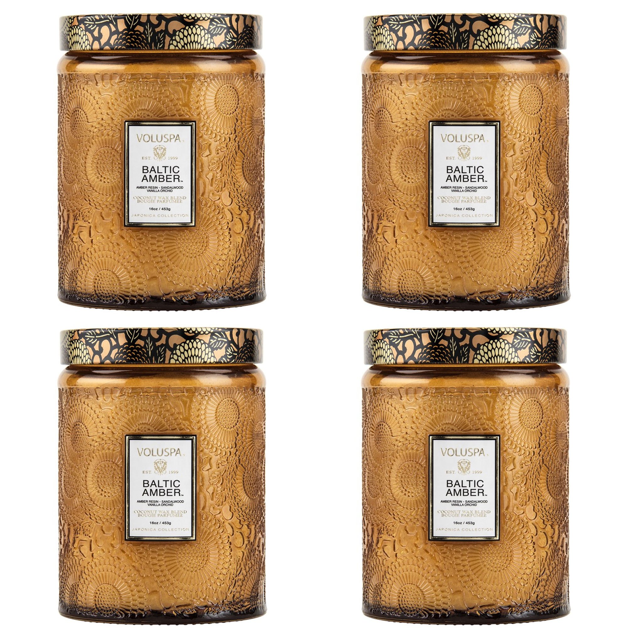 Voluspa Baltic Amber Scented Large Embossed Glass Jar Candles (4-Pack) - Luxury Home Fragrance for Living Room, Bedroom & Bathroom Decor