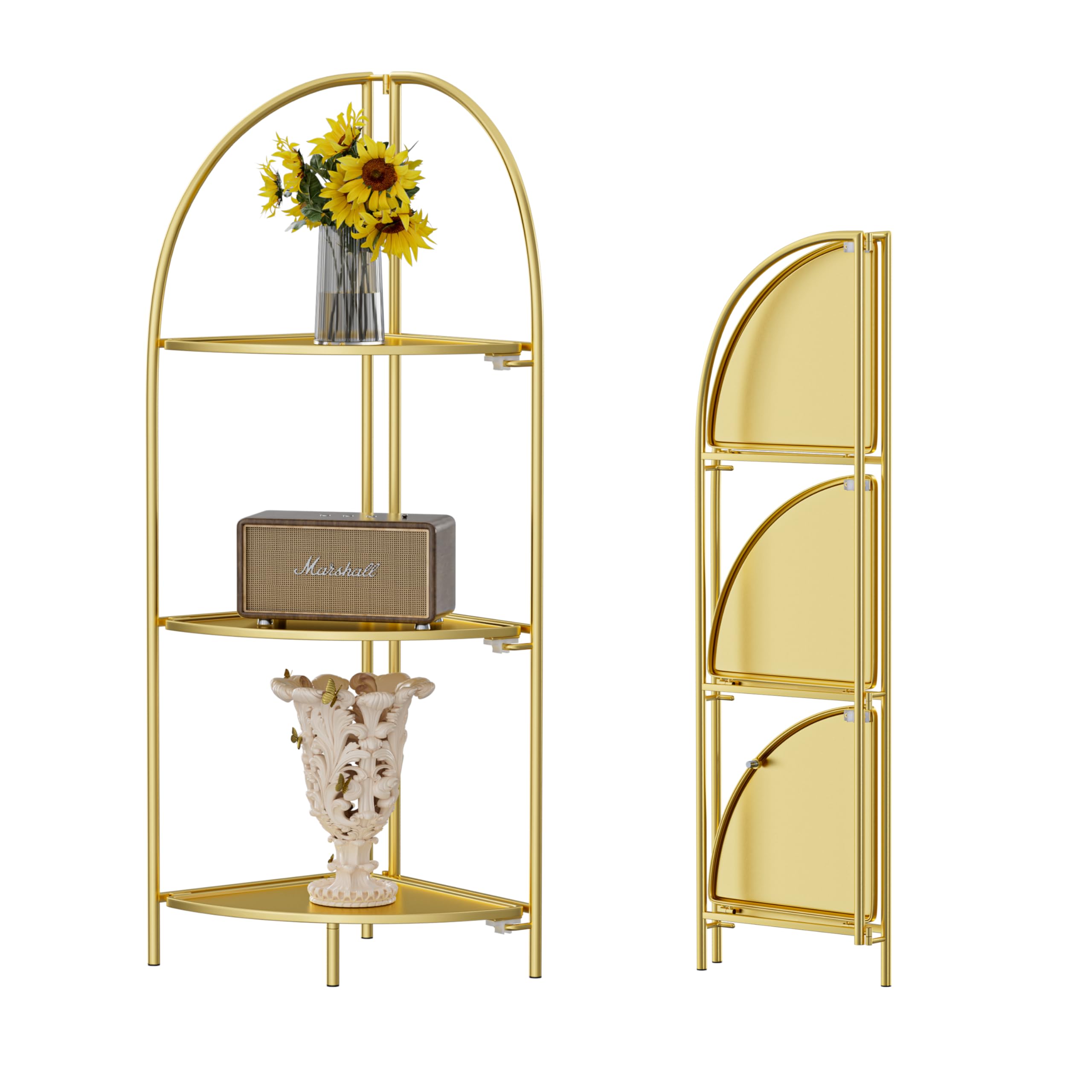Foldable 3-Tier Metal Corner Shelf with Gold Frame - Space-Saving Plant Stand & Display Rack for Living Room, Bedroom, Bathroom - Perfect for Small Spaces, Home Decor & Organizing Plants, Books & Decorative Items