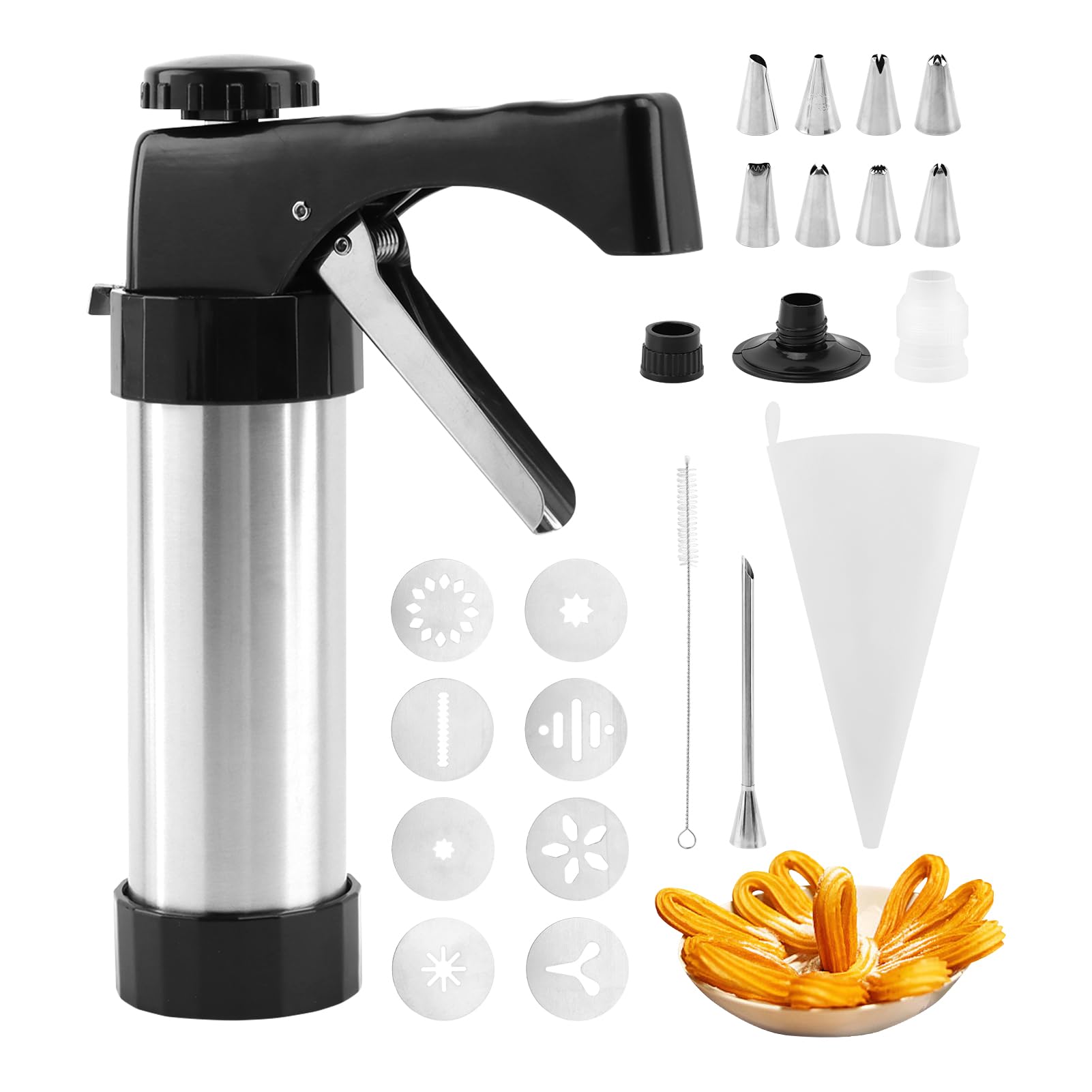 Stainless Steel Churro Maker Machine with 8 Decorating Tips & 8 Cookie Discs - Professional Churrera and Piping Bag Kit for Homemade Churros, Cookies (Black & Silver) - Perfect for Parties, Bakeries, and Home Baking