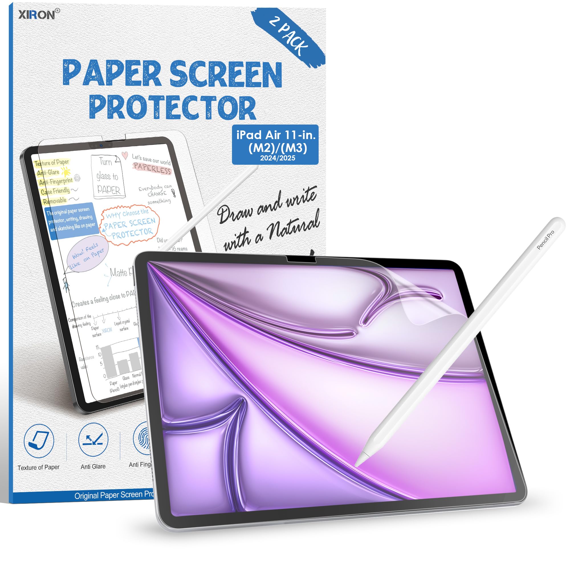 XIRON 2-Pack Matte PET Paper Screen Protector for iPad Air 11-inch (M3 2025/M2 2024) - Anti-Glare Film with Paper-Like Writing & Drawing Feel - Perfect for Artists, Students & Office Work