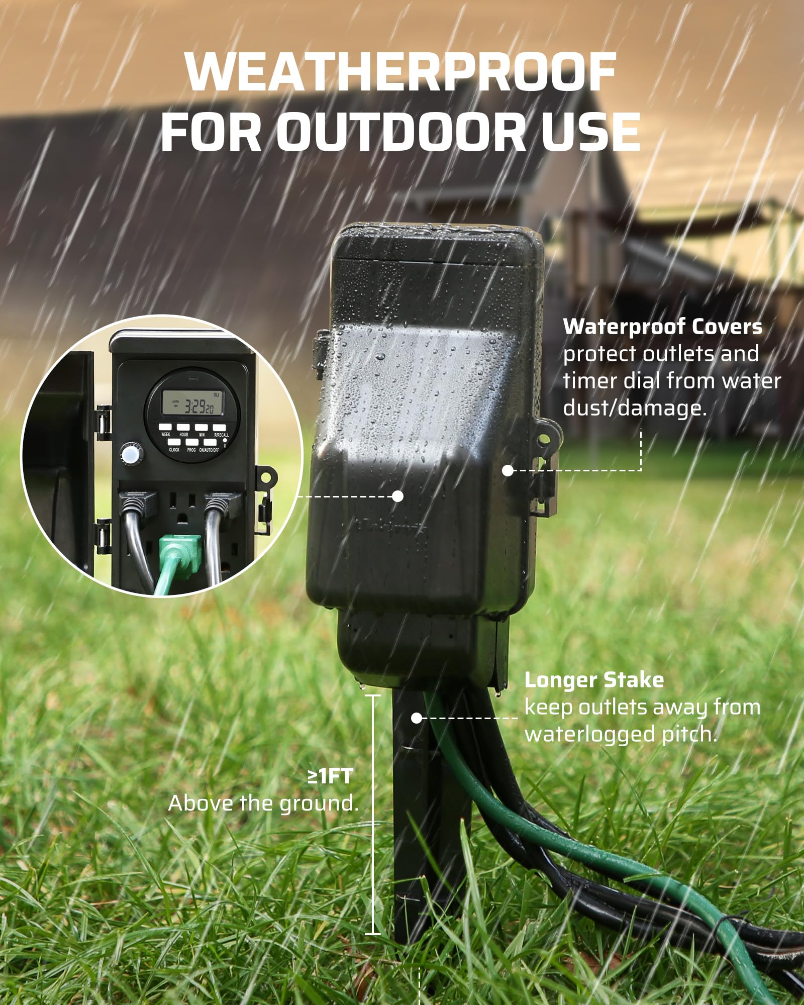 DEWENWILS Outdoor Digital Power Strip Timer - Waterproof 6 Outlet Multi Socket with 6ft Cord, 15A Heavy Duty Garden Power Stake for Yard & Landscape Lighting | Perfect for Patio Lights, Holiday Decorations & Outdoor Electrical Devices
