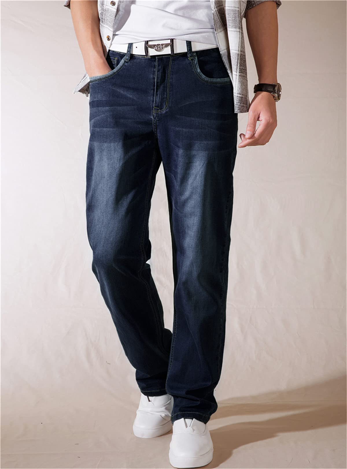 WoJogom 2021 Summer Lightweight Loose Straight Leg Stretch Jeans for Men - Comfortable Classic Style Plus Size Casual Pants | Perfect for Everyday Wear, Office & Outdoor Activities