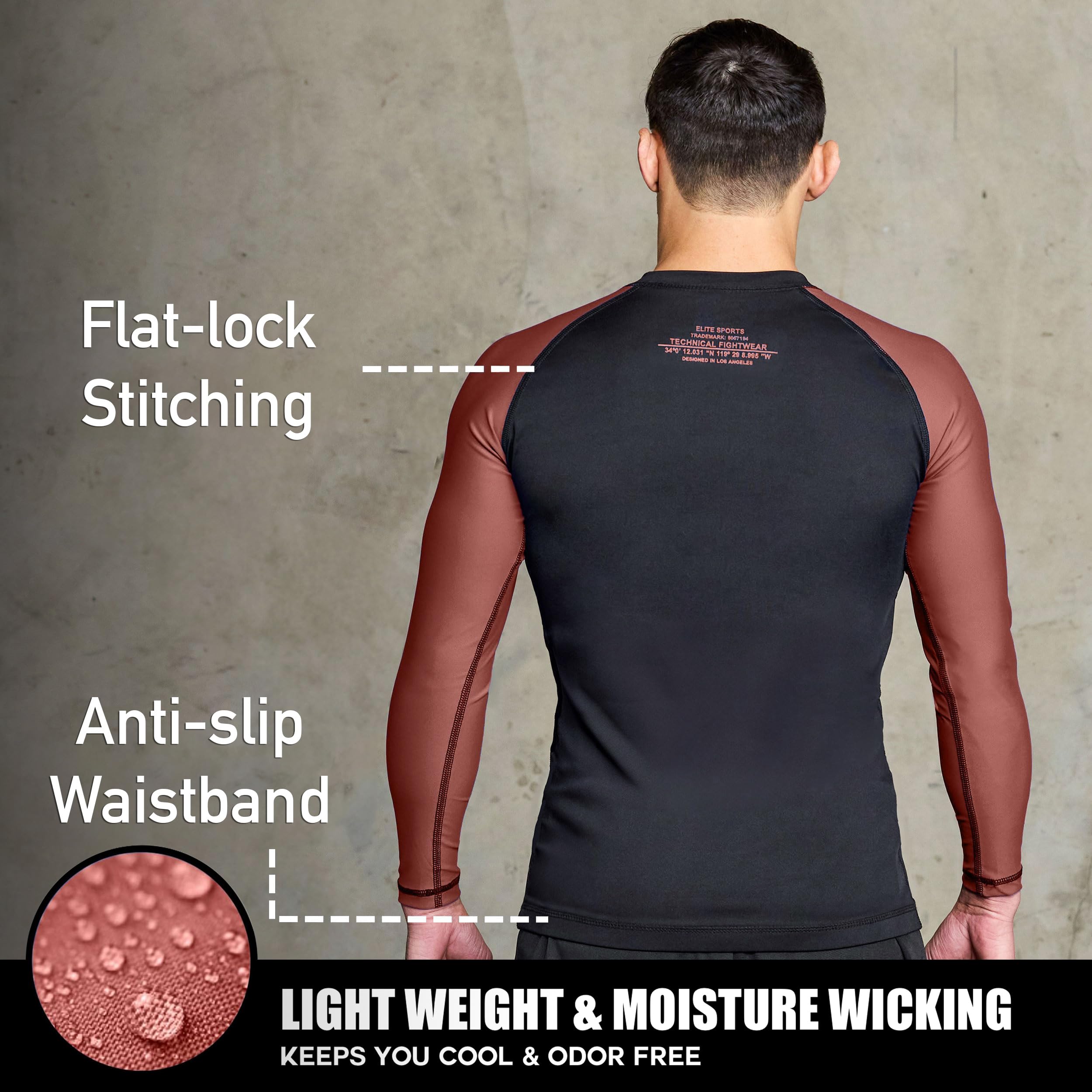 Elite Sports Men's Jiu Jitsu BJJ Rash Guard - Long Sleeve Compression Shirt for MMA, No-Gi Training & Brazilian Jiu-Jitsu | Moisture-Wicking & UV Protection for Grappling, Wrestling & Fitness Workouts
