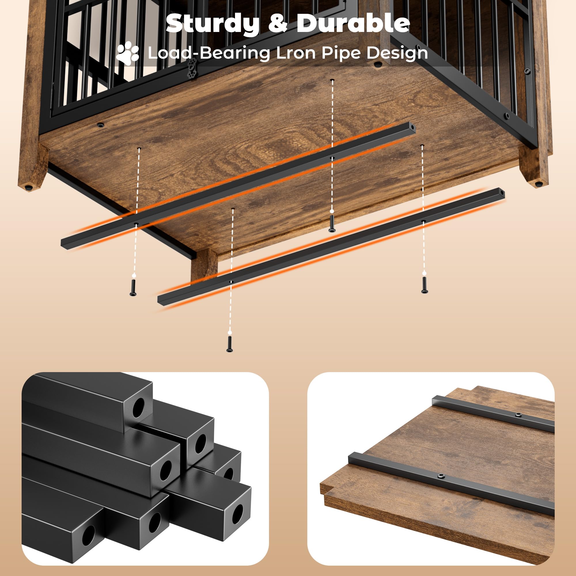 Lulive Wooden Dog Crate Furniture - Indoor Dog Kennel with Adjustable 360° Height Bowls, Double Doors End Table for Small/Medium Dogs (31.5