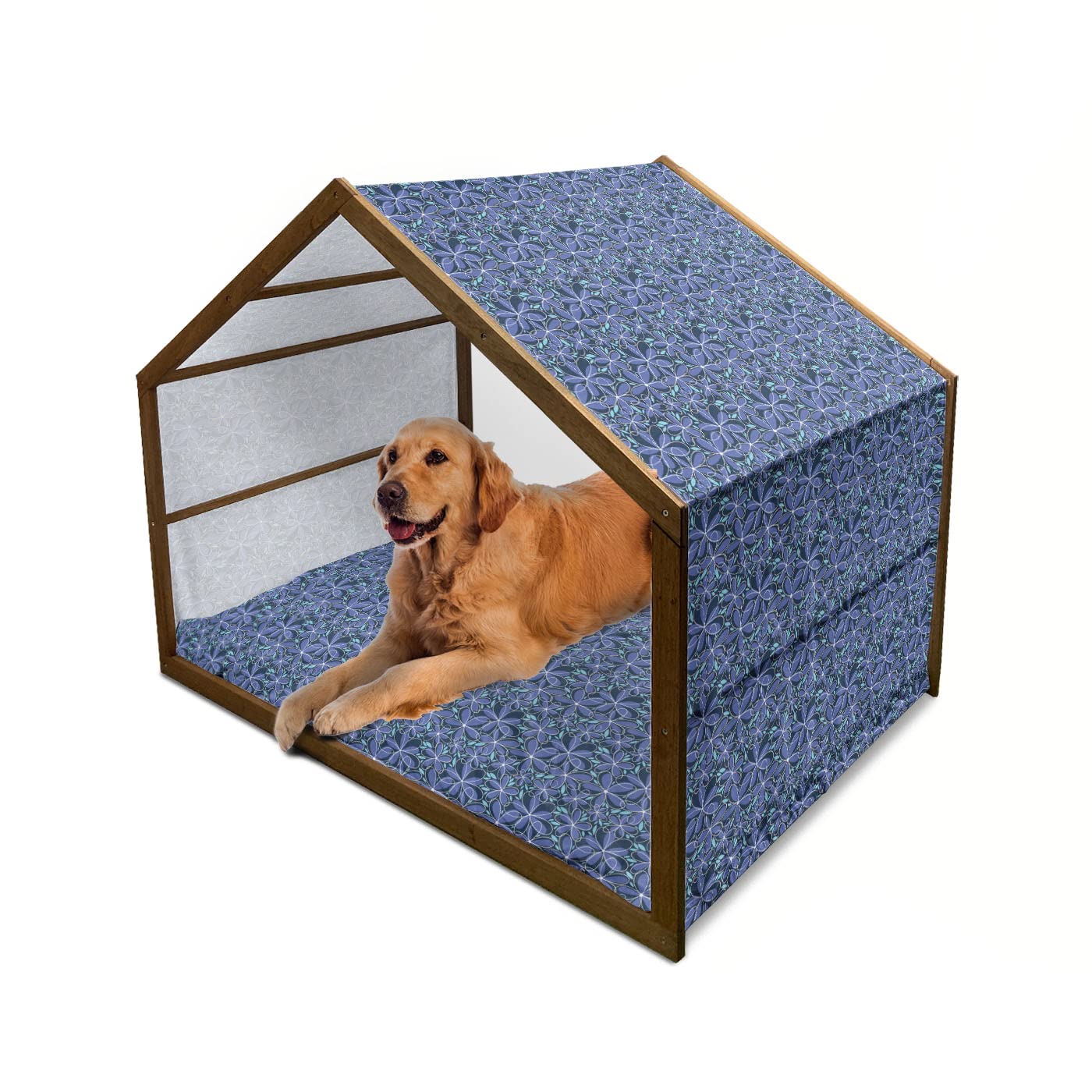 Ambesonne Cartoon Wooden Dog House - Hand-Drawn Daisy Blossoms with Petals & Leaves, Portable Indoor/Outdoor Pet Kennel with Pillow & Cover, 2X-Large Multicolor - Perfect for Backyard, Patio, or Living Room Pet Comfort