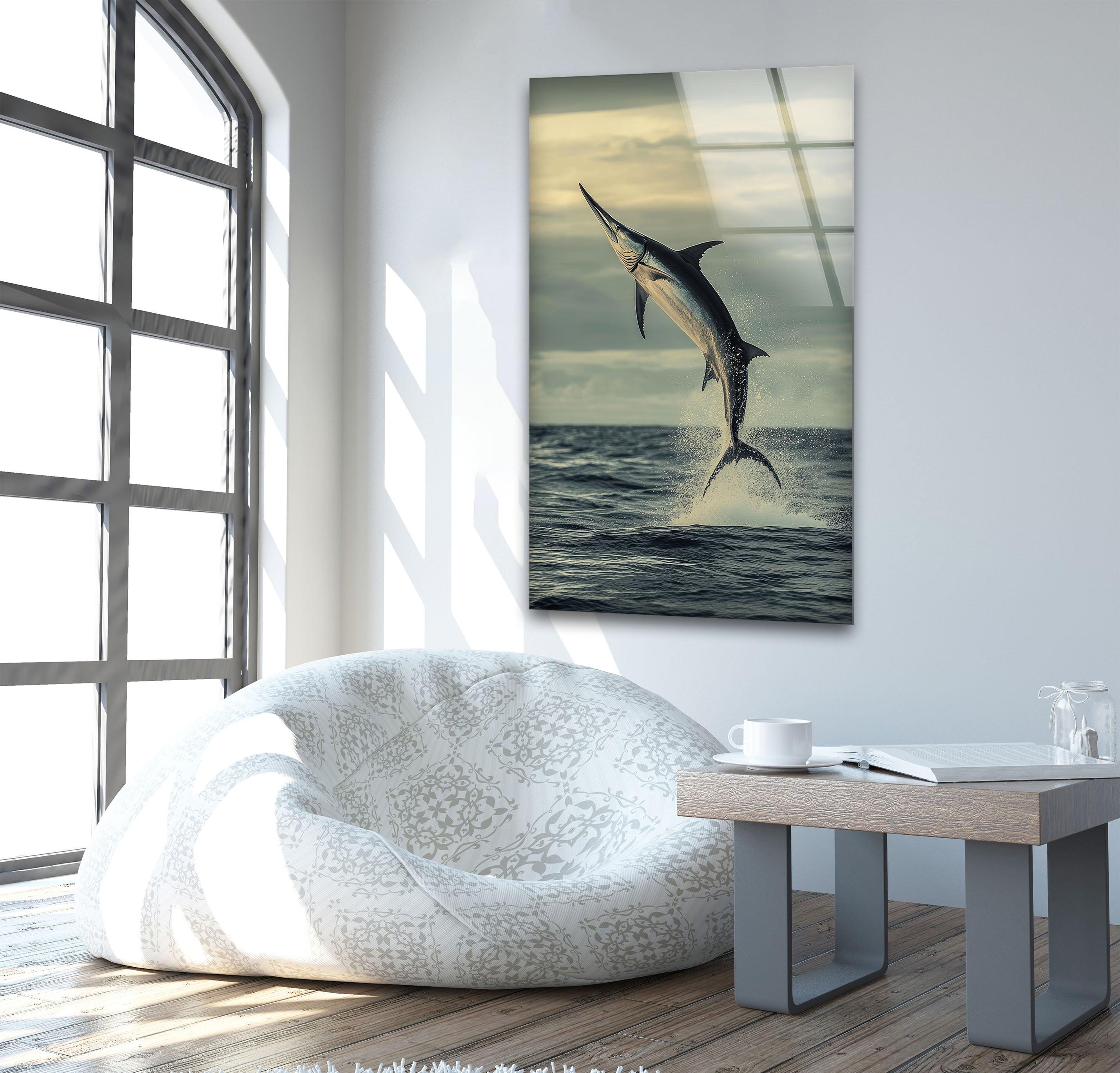 Handcrafted Swordfish Glass Wall Art - Ocean Themed Home Decor for Living Room, Bedroom & Office - Unique Sea Life Gift Idea