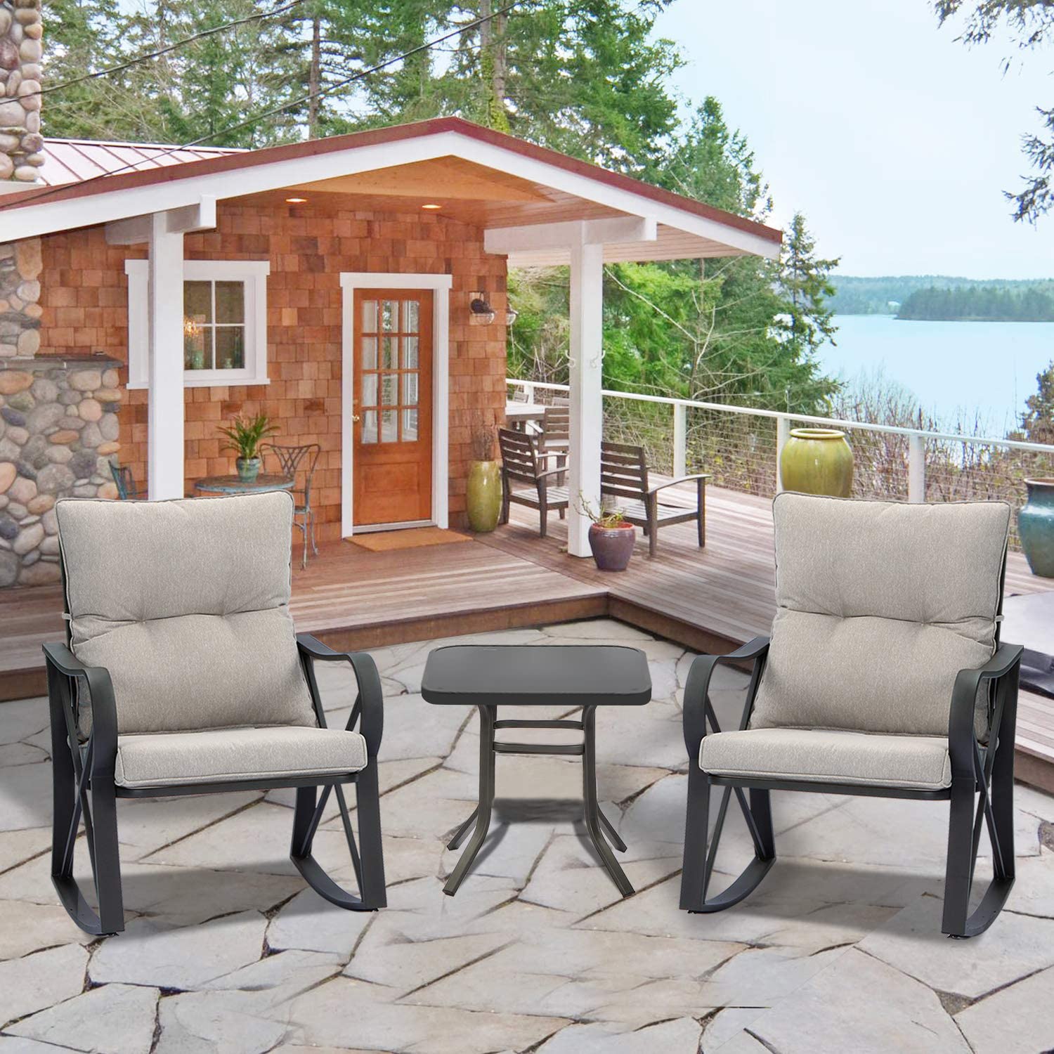 **SUNBURY Outdoor 3-Piece Rocking Bistro Set - Modern Patio Furniture with Warm Gray Cushions & Glass Coffee Table - Small Rocker Conversation Set for Garden, Backyard, Porch, or Balcony - Perfect for Relaxing, Entertaining, and Enjoying Outdoor Moments**