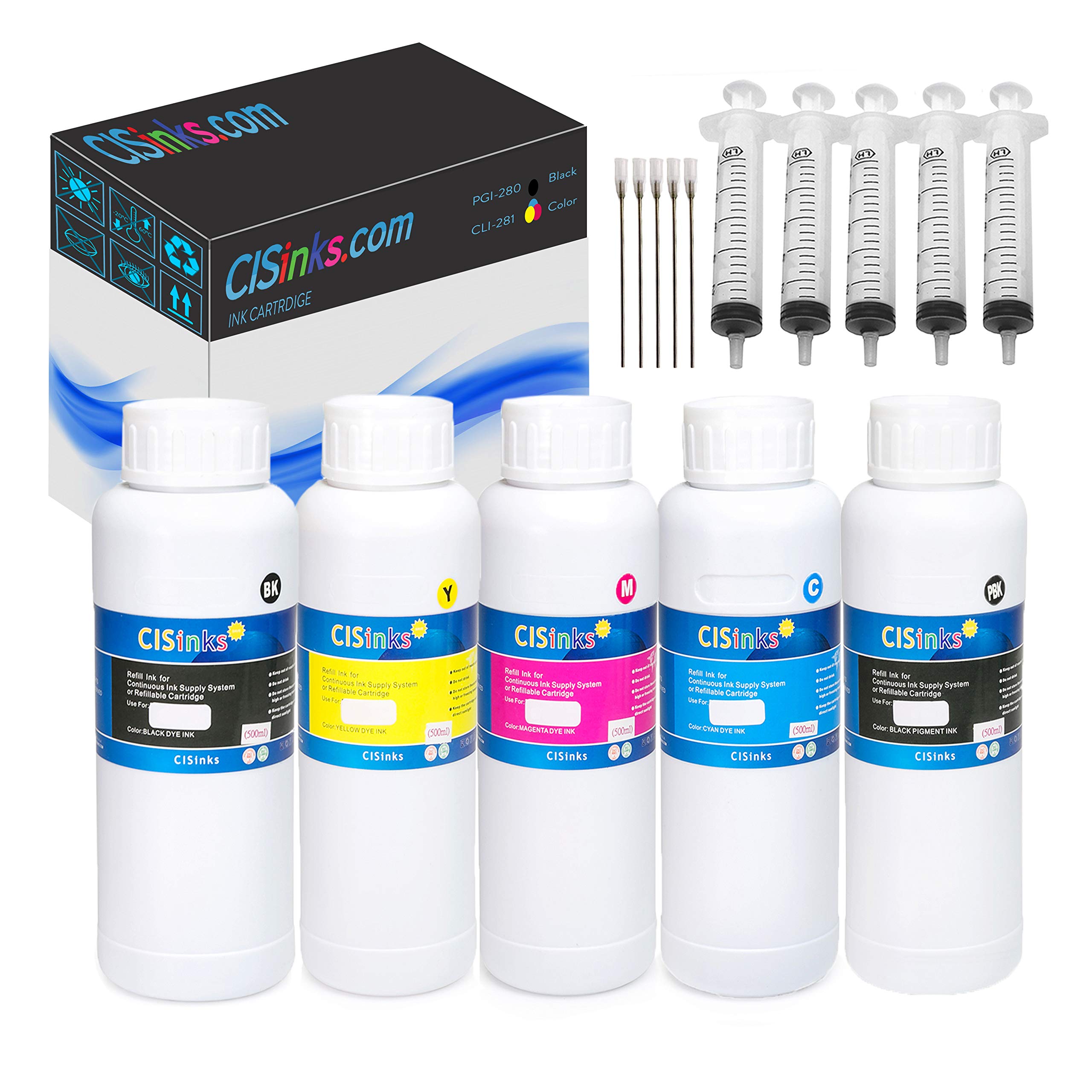 PGI-280 CLI-281 Compatible Ink Bottle Set for Canon PIXMA TS9520 TR8520 TR7520 TS6120 Printers - 2500mL Refill Ink with Blunt Injector Tools Kit - Perfect for Home Office Printing & Photo Projects