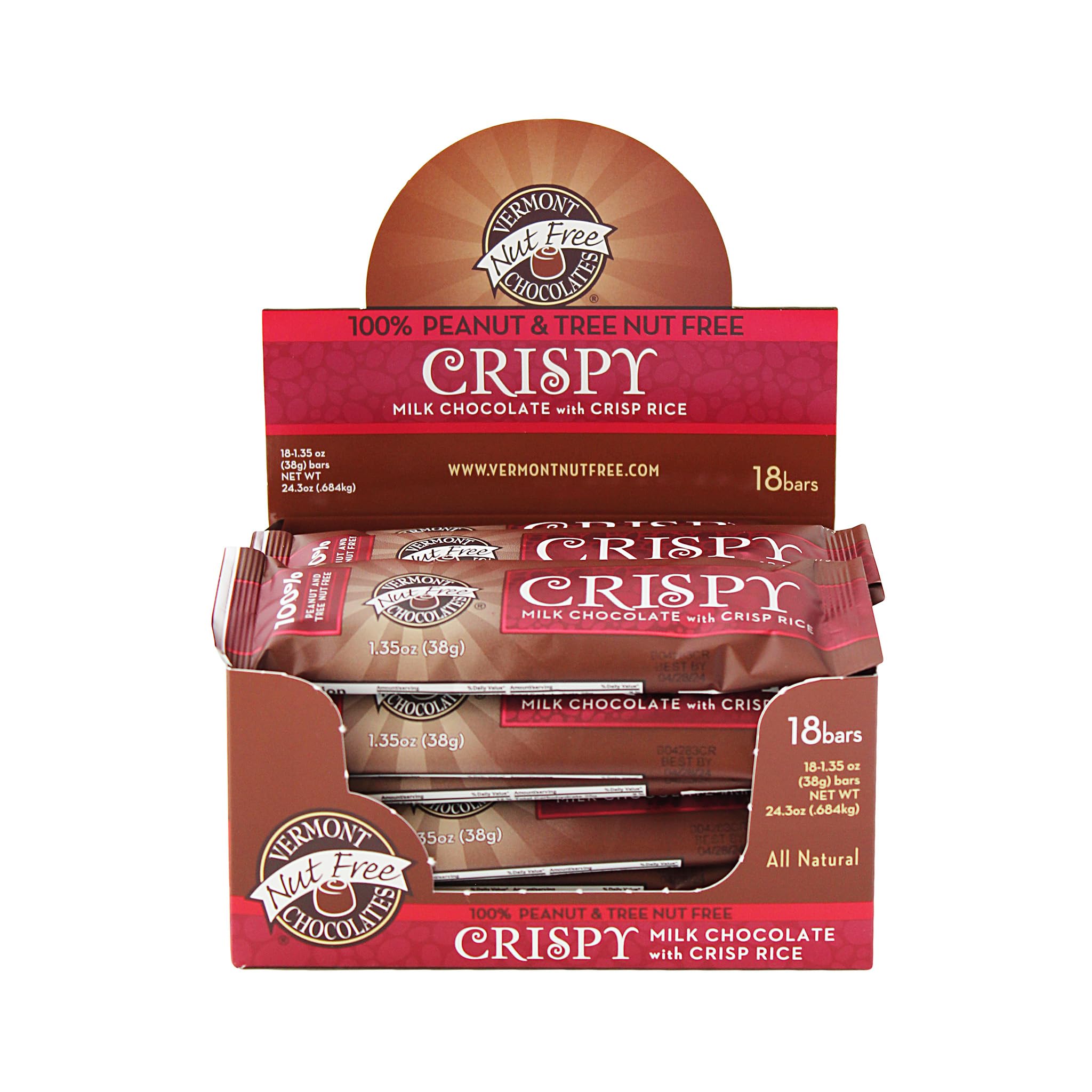 Vermont Nut-Free Small Chocolate Bars - Crispy Milk Chocolate (1.35 Oz, 18 Count) | Allergen-Free, Kosher Certified | Perfect for School Snacks, Lunch Boxes & Allergy-Sensitive Gifts