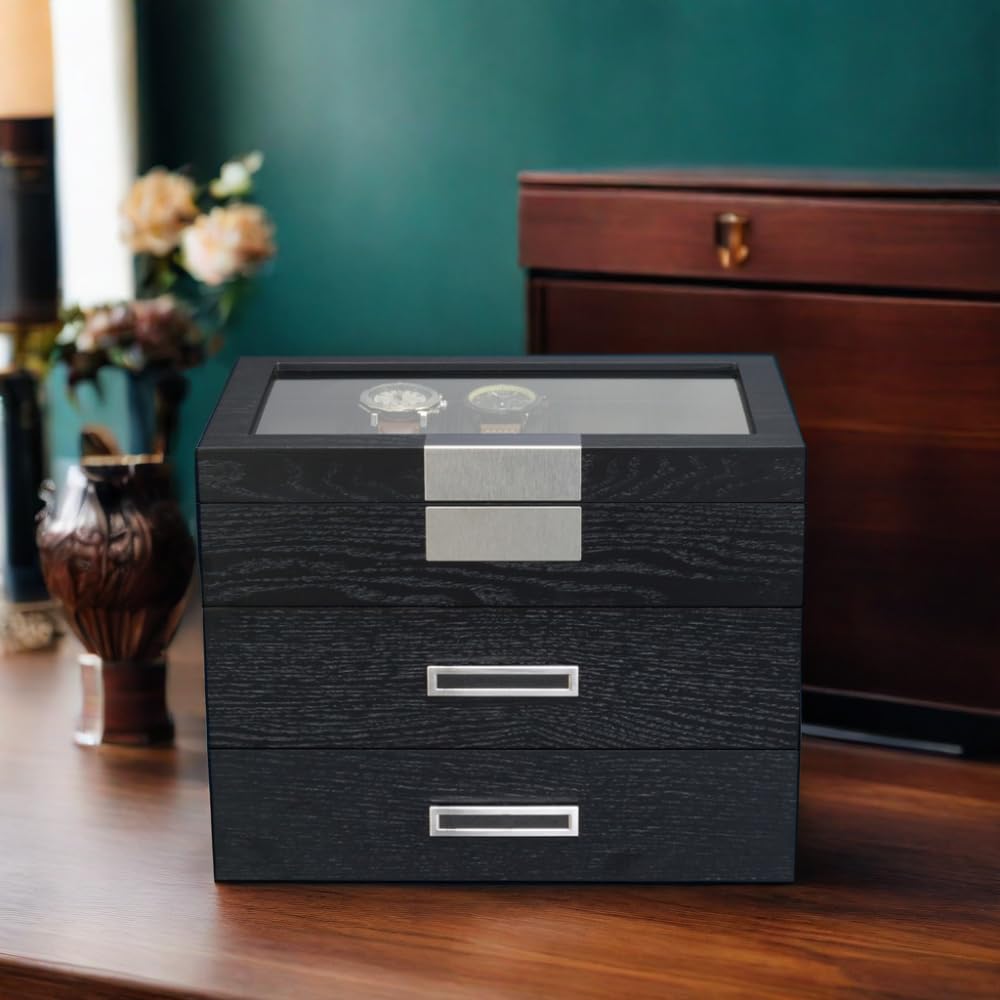 Premium 30-Slot Black Ebony Wood Watch Display Case with Glass Top - 3-Tier Jewelry Organizer with Stainless Steel Accents & 2 Drawers - Perfect for Watch Collections, Jewelry Storage & Retail Store Displays