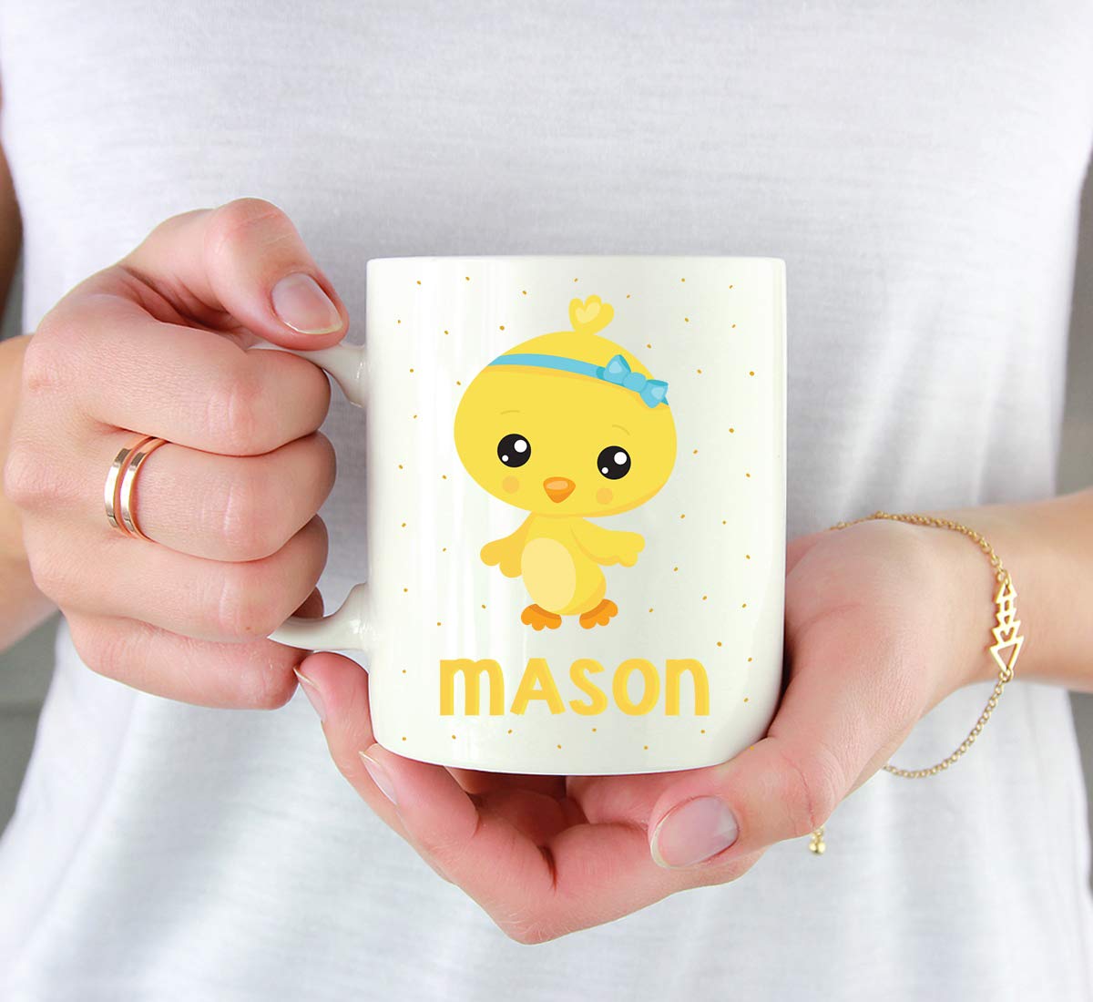 Personalized 11oz Kids Hot Chocolate Mug - Custom Easter Chick with Blue Ribbon Design - 1-Pack Birthday Christmas Coffee Cup for Children - Perfect for Holiday Gifts, Kids' Parties & Cozy Family Moments