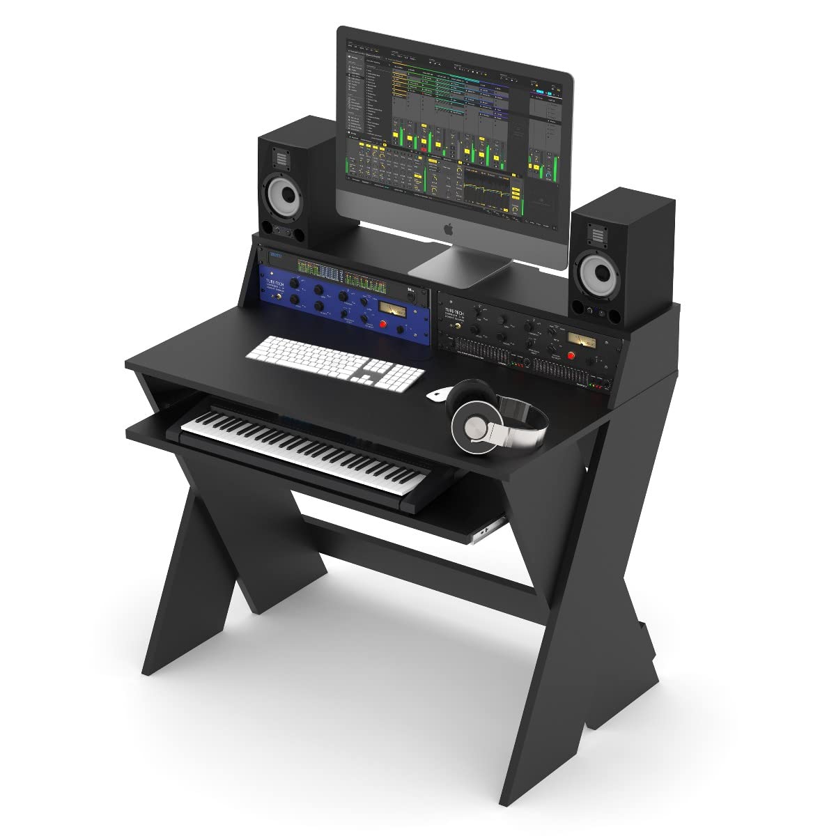 Professional Studio Sound Desk Compact Workstation with Pull-out Keyboard Tray - Ergonomic Black Design for Home & Recording Studios | Perfect for Music Production, Podcasting & Audio Editing