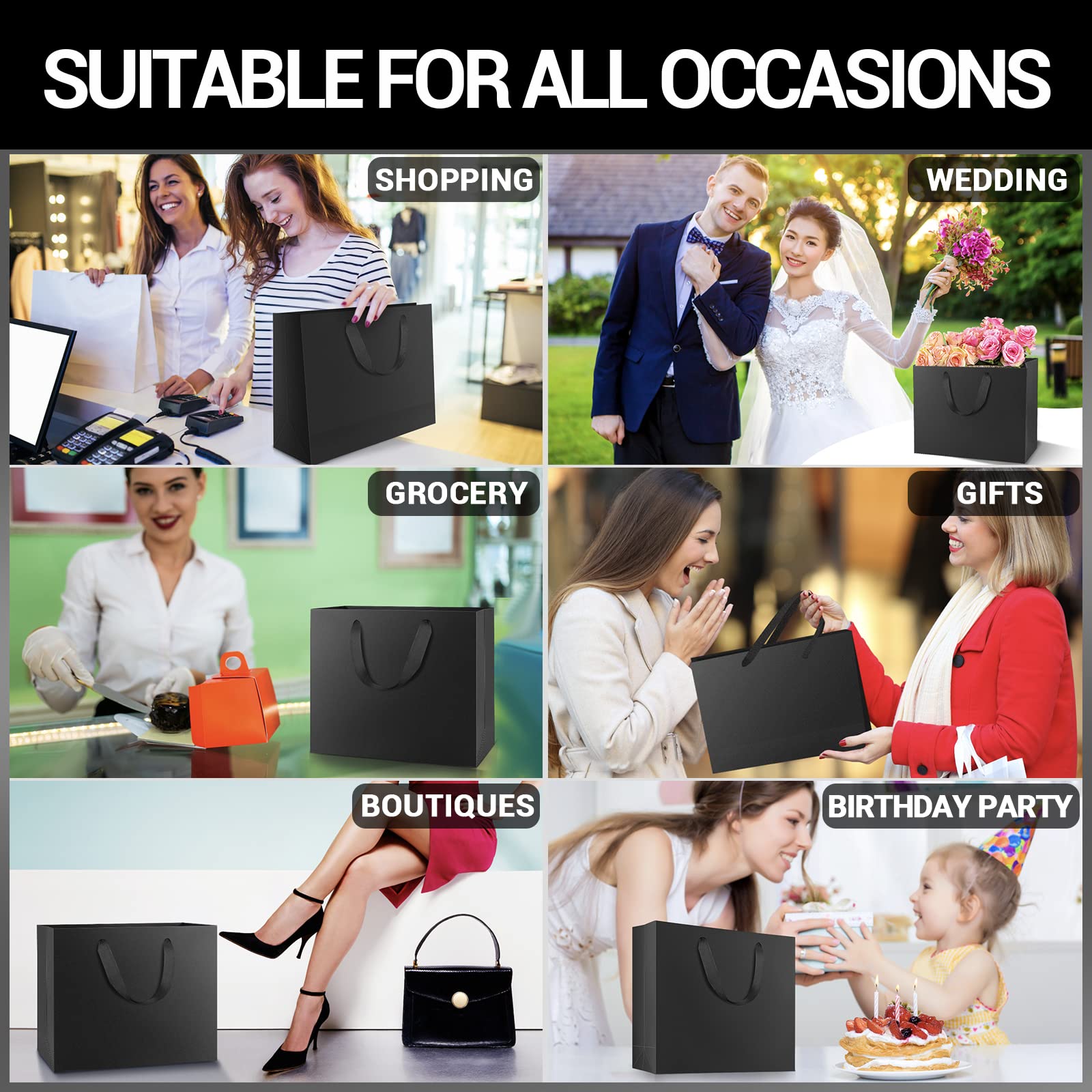 EUSOAR 20-Pack Black Kraft Paper Gift Bags with Cloth Handles - 10.6