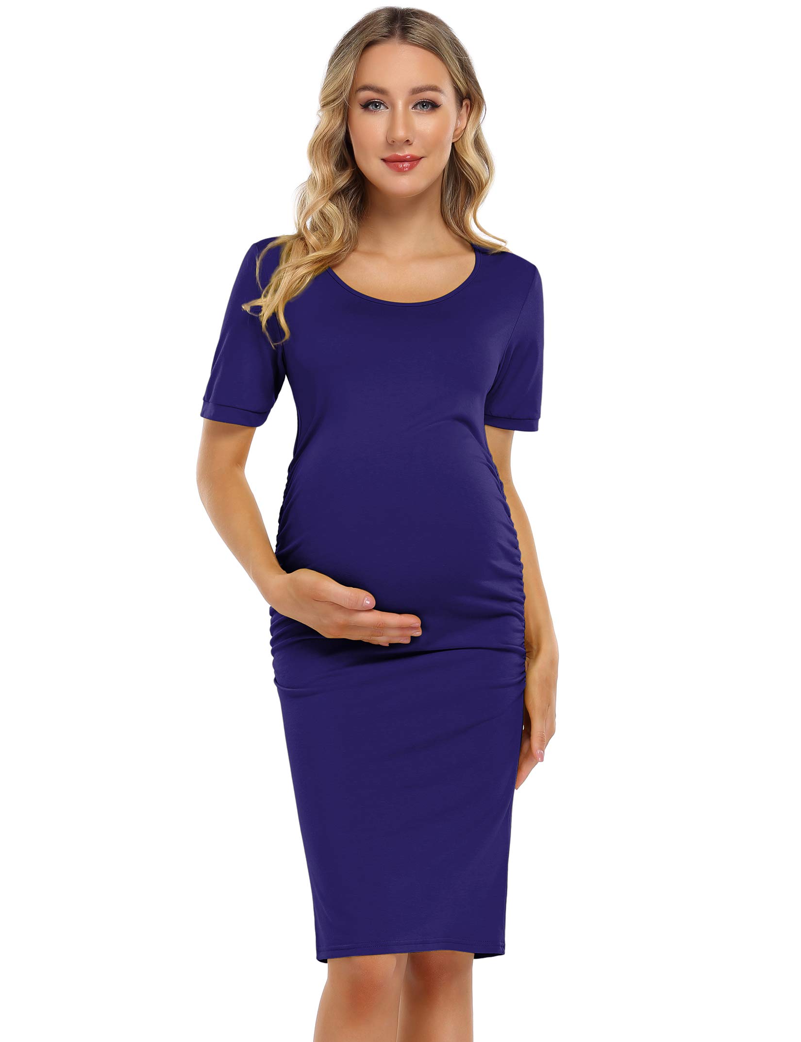 Coolmee Maternity Dress - Ruched Round Neck Pregnancy Clothes for Women, Comfortable Nursing Dress for Breastfeeding & Everyday Wear