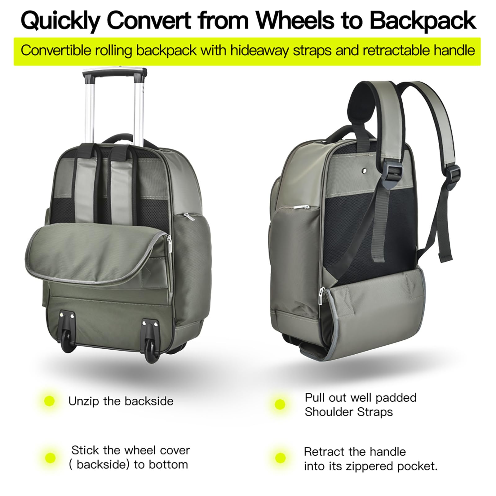 Rolling Laptop Bag with Wheels - Adjustable 13-17.3 Inch Wheeled Computer Backpack for Men & Women, Carry-on Work Bag for Business Travel & Commuting