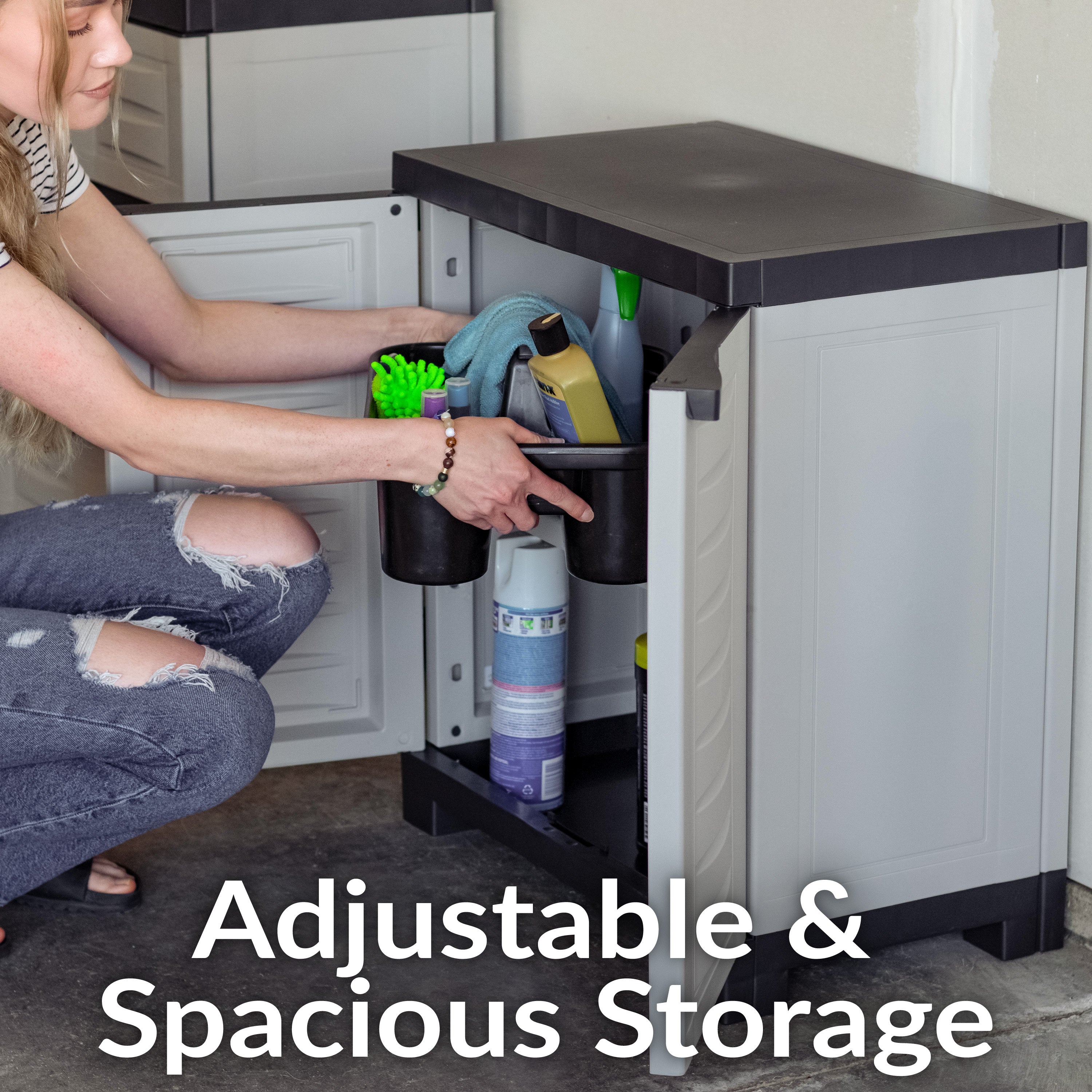 Durable Plastic Garage Storage Cabinet with Adjustable Shelves - Heavy-Duty Organizer for Tools, Gardening Supplies & Home Organization