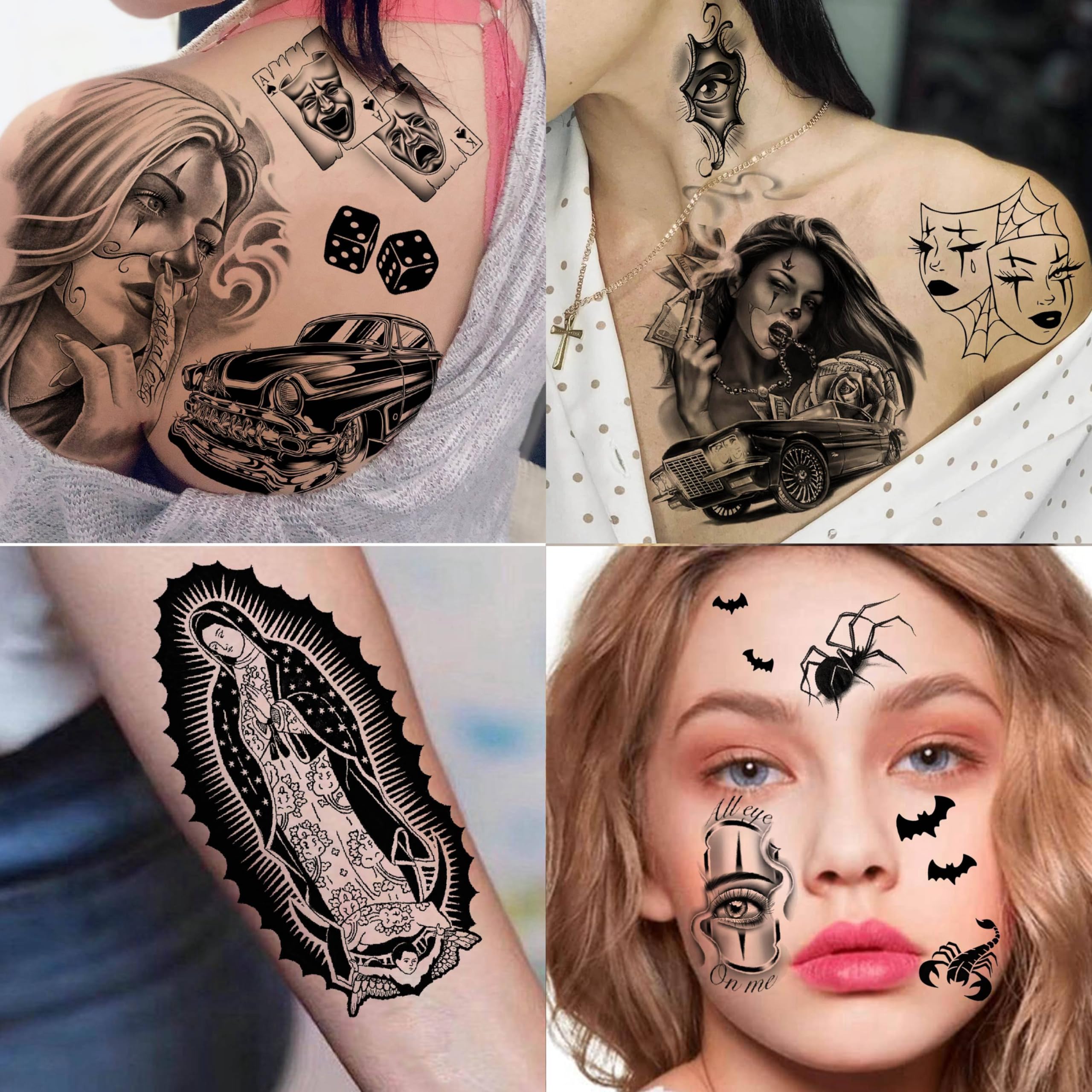 6 Sheets Chicano Temporary Tattoos for Women & Men - Black Guadalupe Fake Tattoo Stickers - Halloween Face Makeup Kit - Gangster Payasa Prison Familia Joker Design - Perfect for Halloween Costumes, Parties, and Themed Events