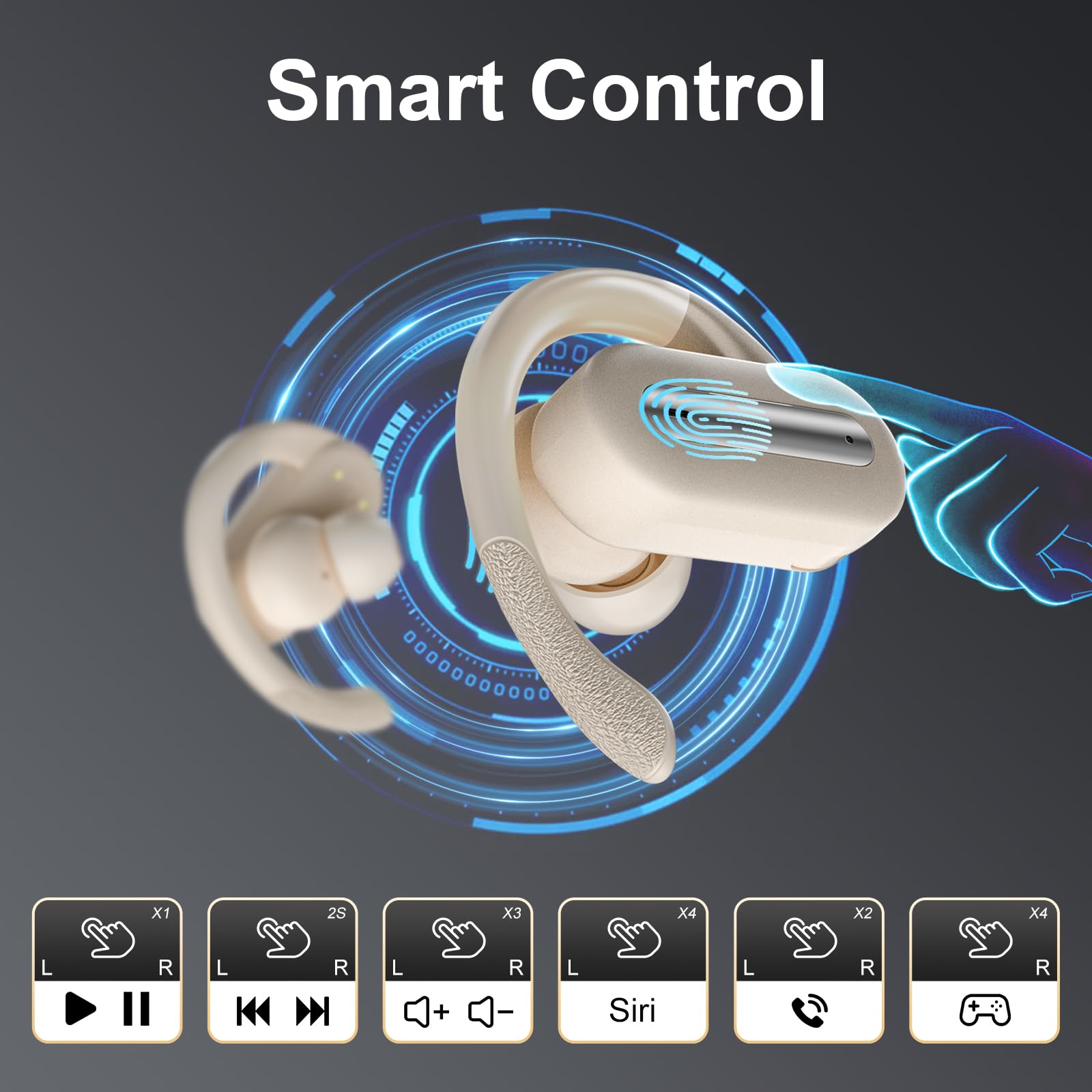 Wireless Earbuds Bluetooth 5.4 with Ear Hooks - ENC Noise Cancelling Mic, Sports Headphones for Running & Workout - Compatible with Laptop, Tablet & Phone - Beige | Perfect for Gym, Jogging & Daily Commute