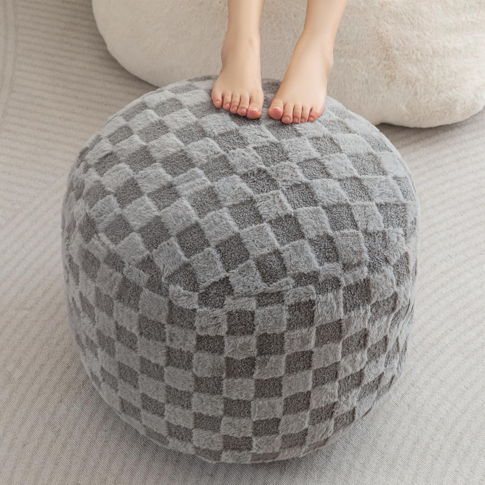 MAXYOYO Round Stuffed Pouf Ottoman with Foam Chunk Filling - 20 x 15 Inch Grey Plaid Footrest for Living Room, Bedroom & Nursery - Versatile Seating and Decor Accent
