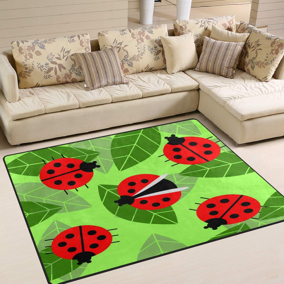 ALAZA Cartoon Ladybug on Leaves Area Rug - 5'3