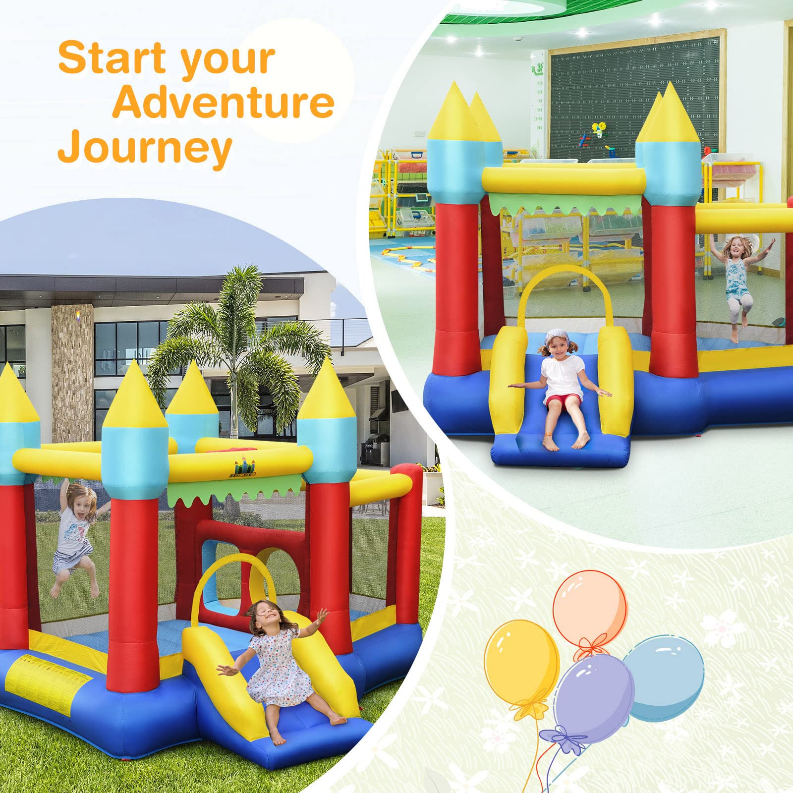 HONEY JOY Inflatable Bounce House with Slide & Ball Pit - Kids Outdoor Play Center for Birthday Parties, Backyard Fun, and Summer Activities - Includes Basketball Hoop & Stakes (Blower Not Included)
