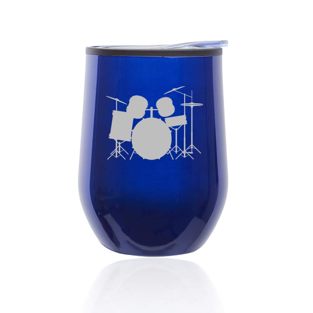 Stemless Wine Tumbler with Lid - 16oz Insulated Coffee Travel Mug Glass - Perfect for Hot & Cold Drinks - Drum Set Design (Blue) - Ideal for Home, Office, Camping & Gifts